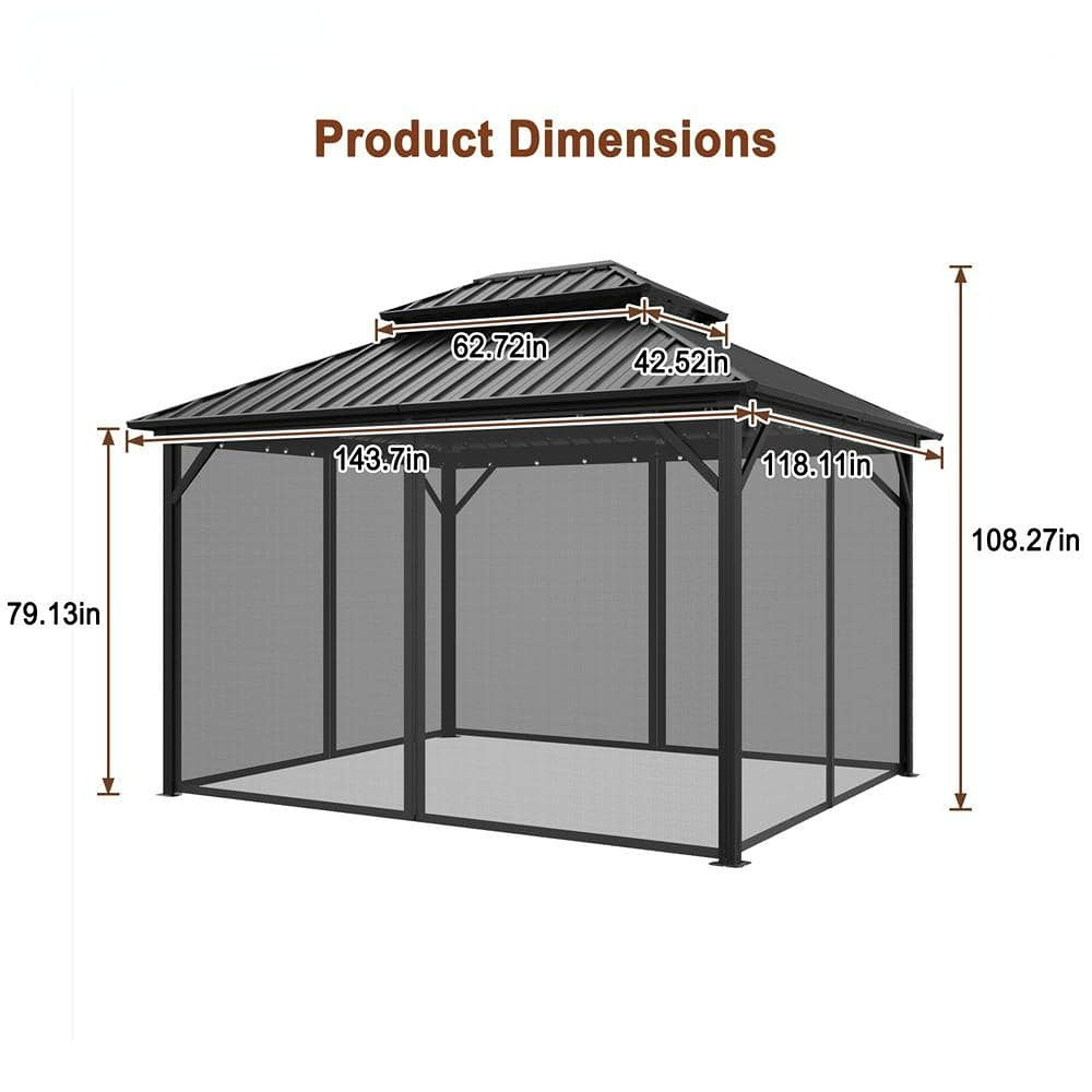 10x12 ft Double Roof Hard Top Aluminum Frame Gazebo with Netting