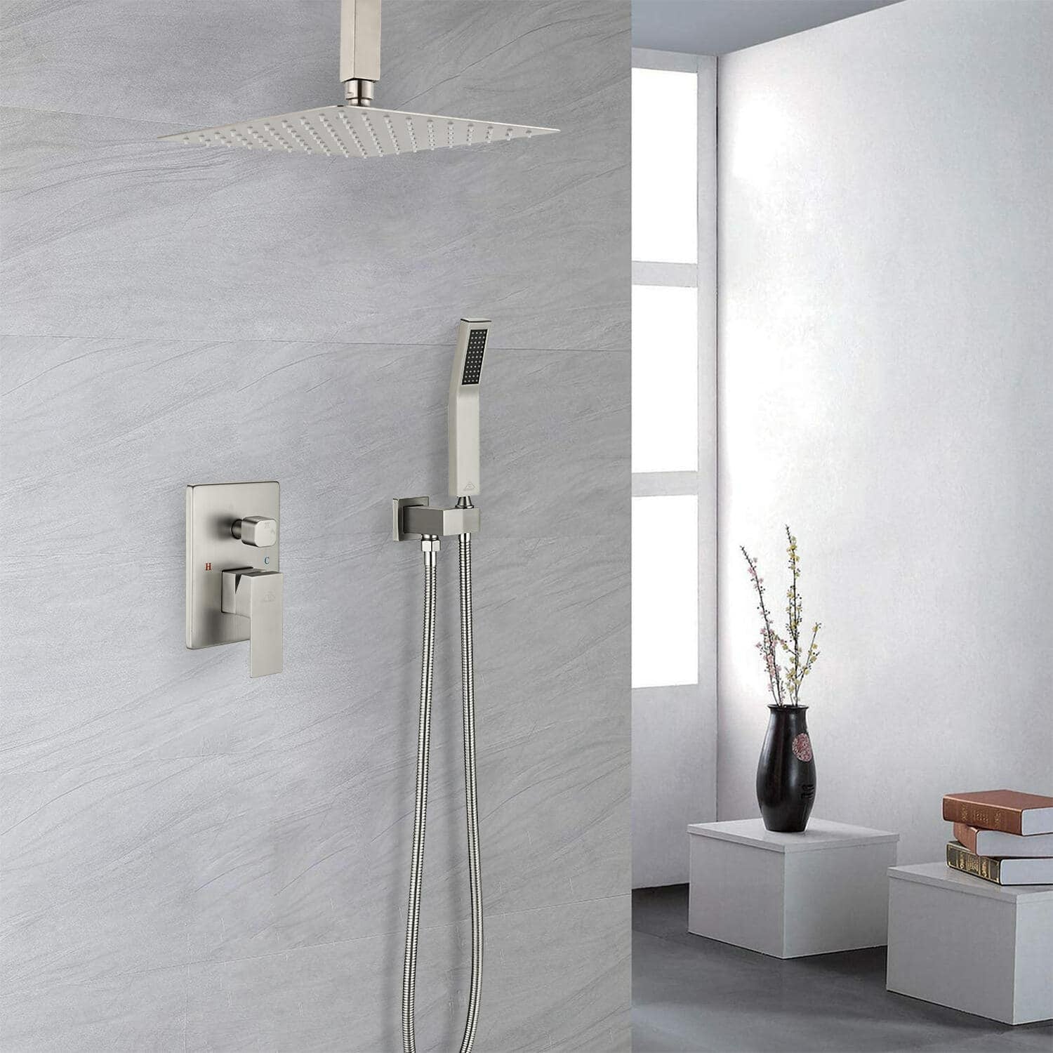 12 in.Ceiling-Mounted Shower System with Valve in Matte Black/Brushed Nickel