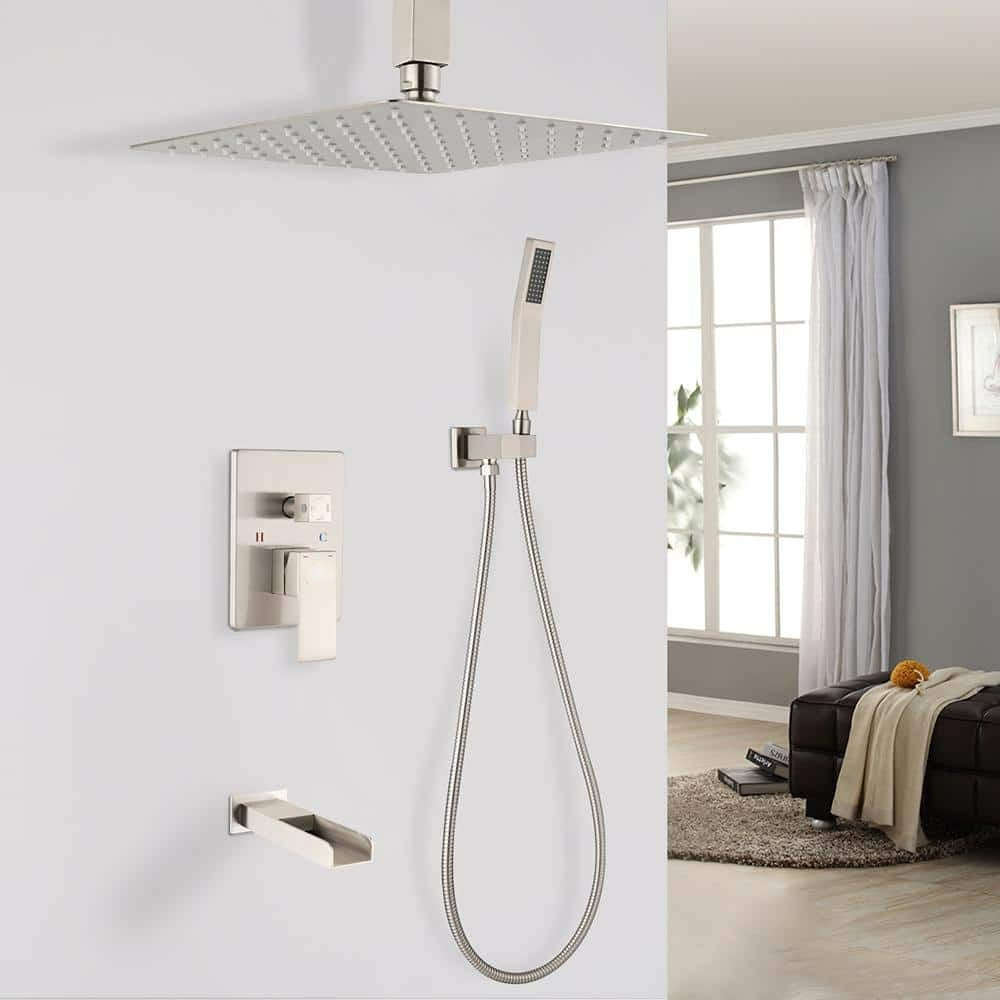 3-Function 10 in.Ceiling-Mounted Shower System with Waterfall Tub Filler in Matte Black/Brushed Nickel