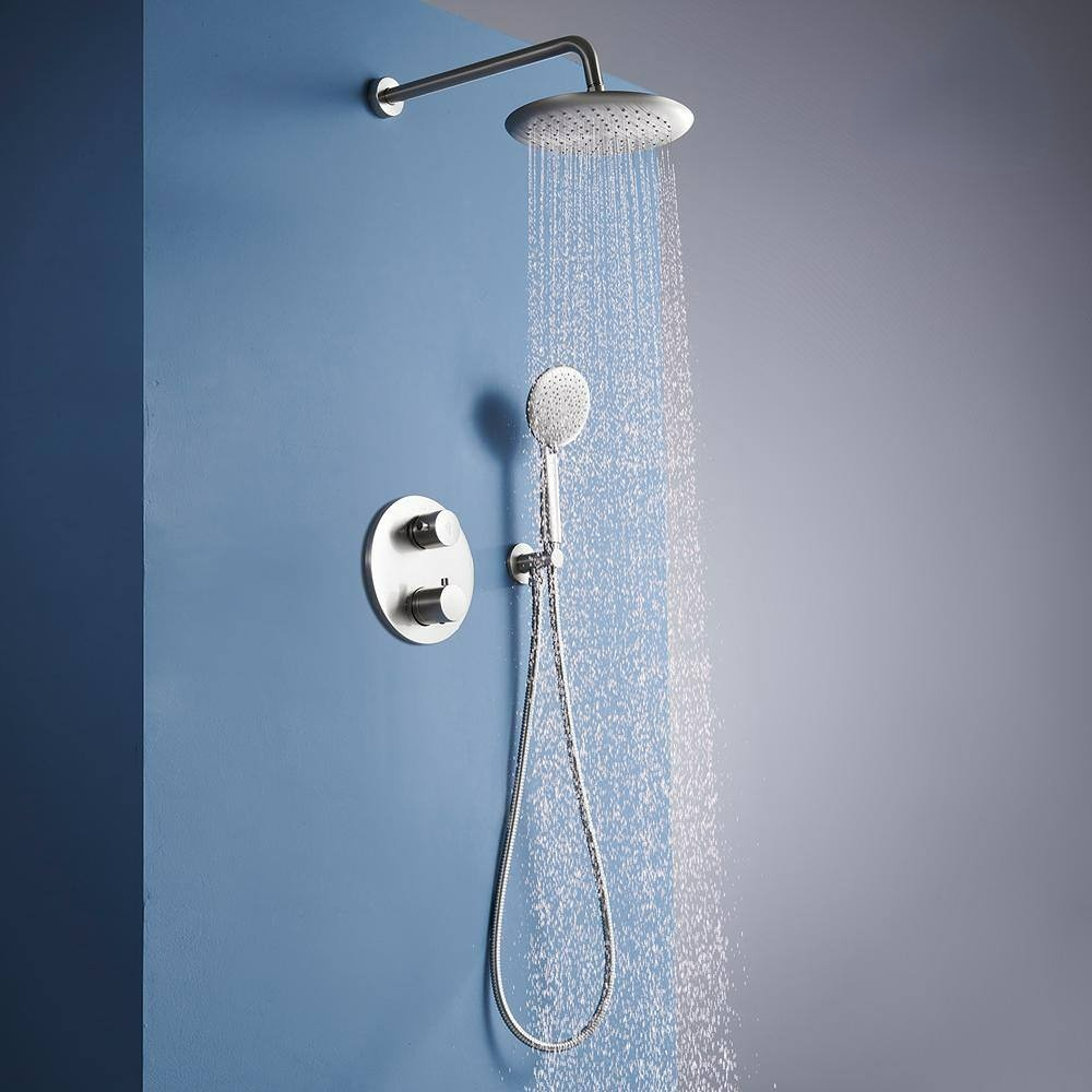 5-Spray Patterns 9.5 in. Wall Mount Dual Shower Heads in Brushed Nickel (Thermostatic Valve Included)