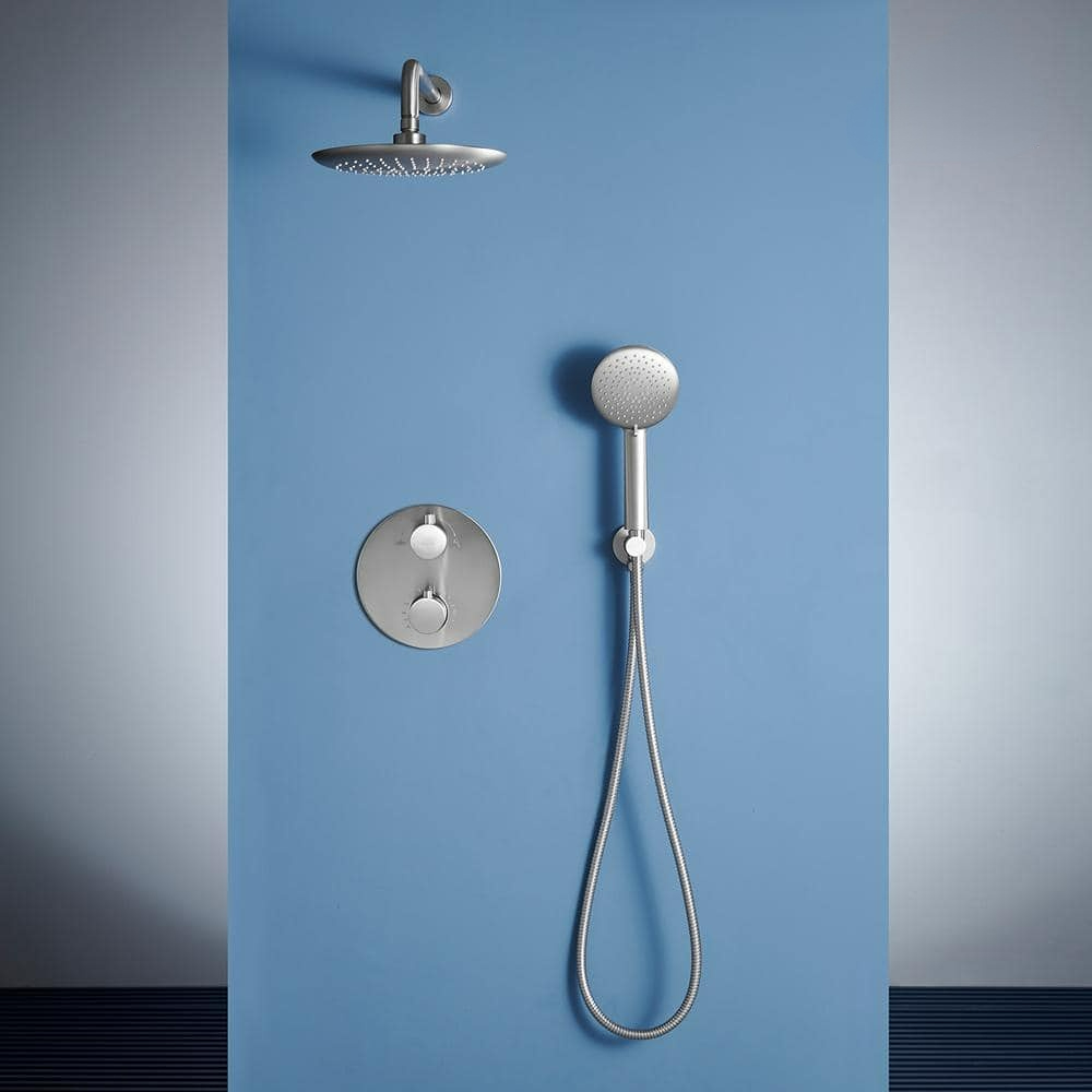 5-Spray Patterns 9.5 in. Wall Mount Dual Shower Heads in Brushed Nickel (Thermostatic Valve Included)