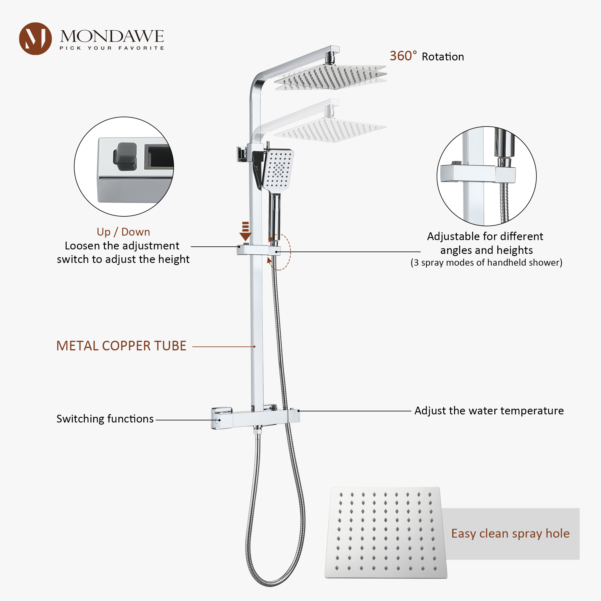 Mondawe Stainless Steel Thermostatic Shower Bar System in Black/Chrome(Square)-Mondawe