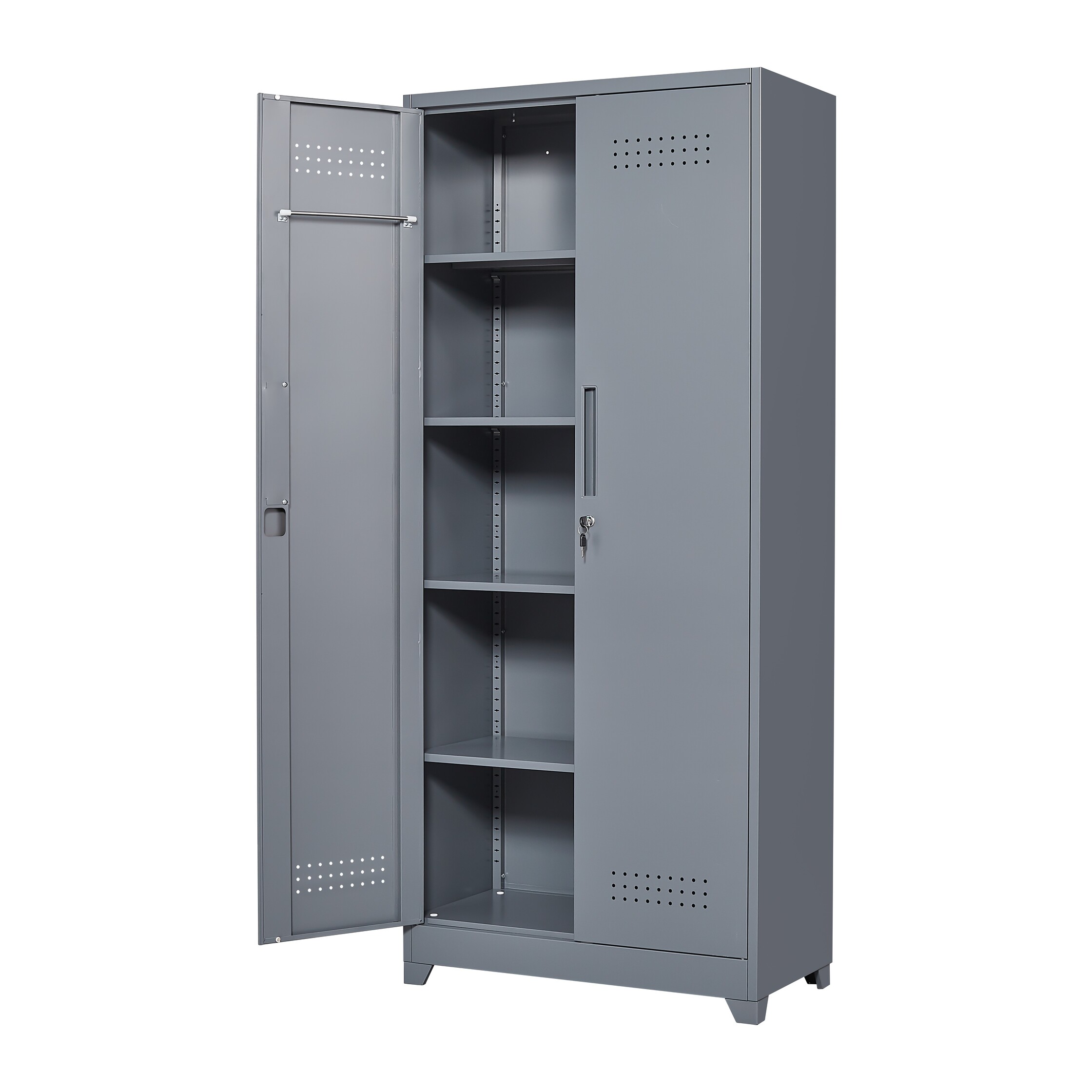 Metal Storage Cabinets, Cleaning Tool Cabinet with Locking Door, Tall Broom Tool Organizer and Storage, Large Storage Cabinet for Kitchen, Pantry, Office, Shop 