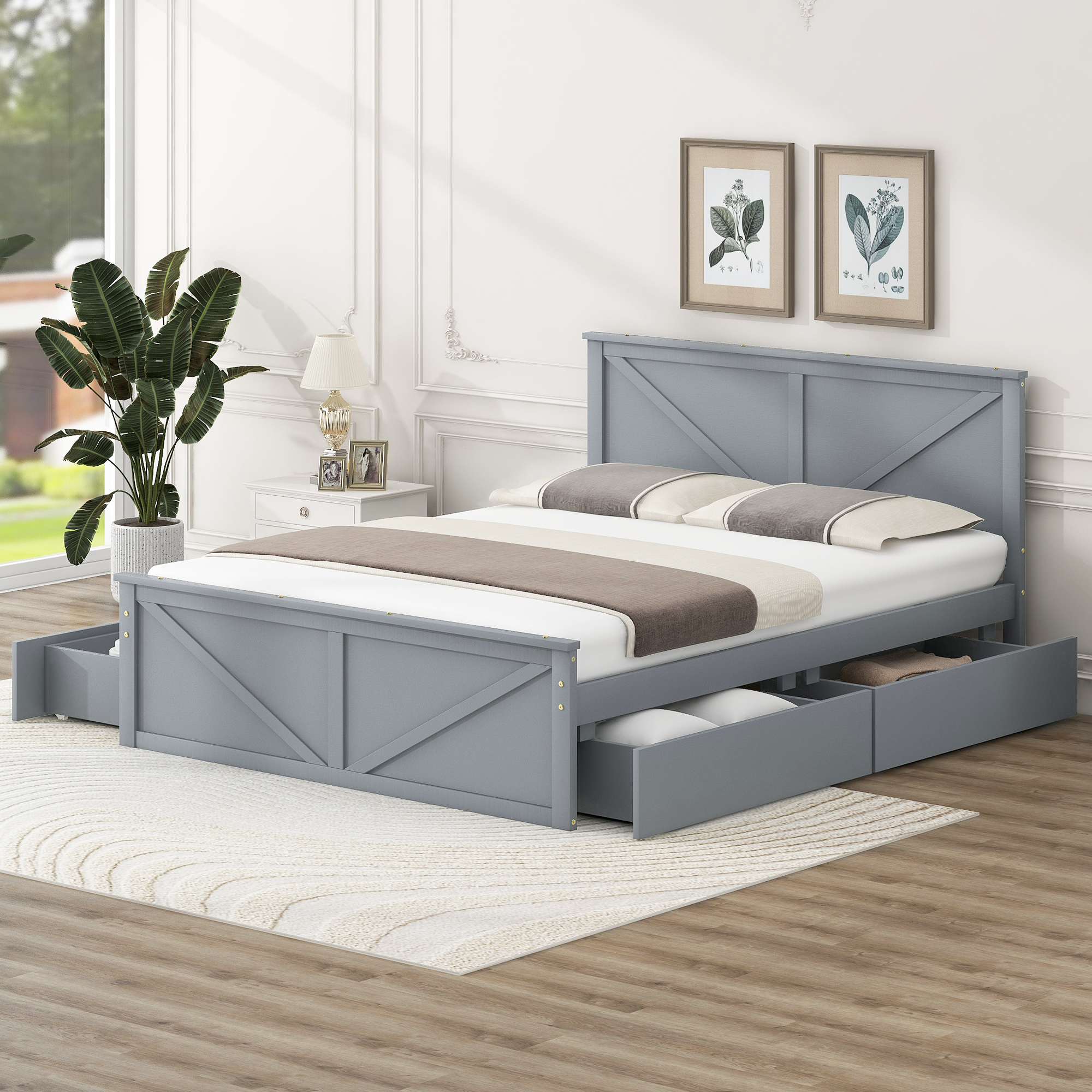 King/Queen Size Wooden Platform Bed with Four Storage Drawers and Support Legs, White/Gray
