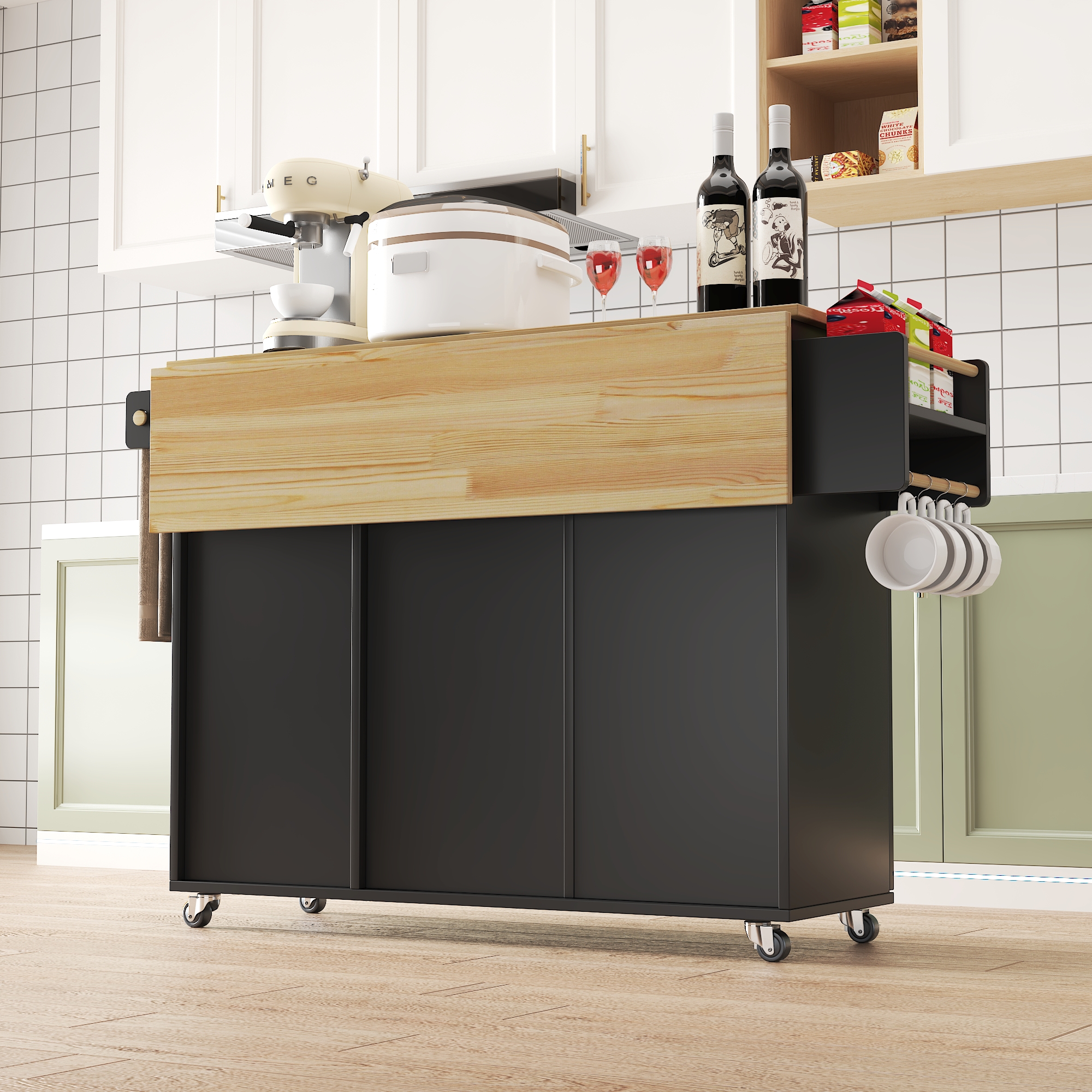 45.4" Farmhouse Black Rolling Kitchen Cart on Wheels with Storage Cabinet, Mobile Kitchen Island cart with Drop Leaf Top, Spice Rack, Towel Bar, Adjustable Shelf, Drawers and Hooks 