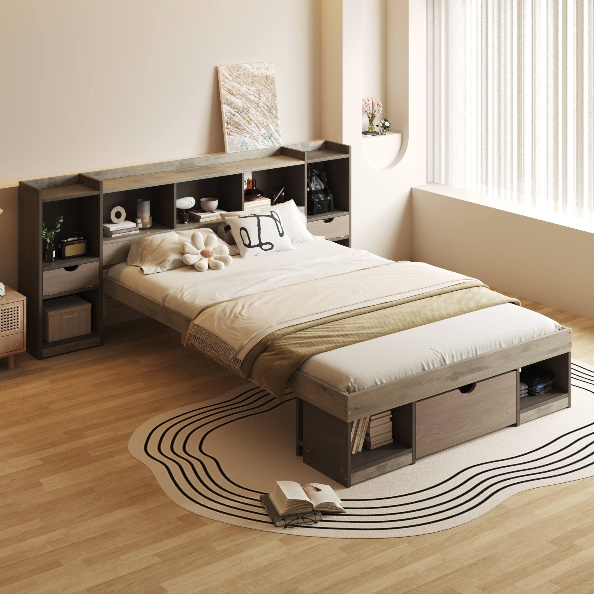 Queen Size Wood Platform Bed with Multi-storage Headboard and a Drawer, White/Gray