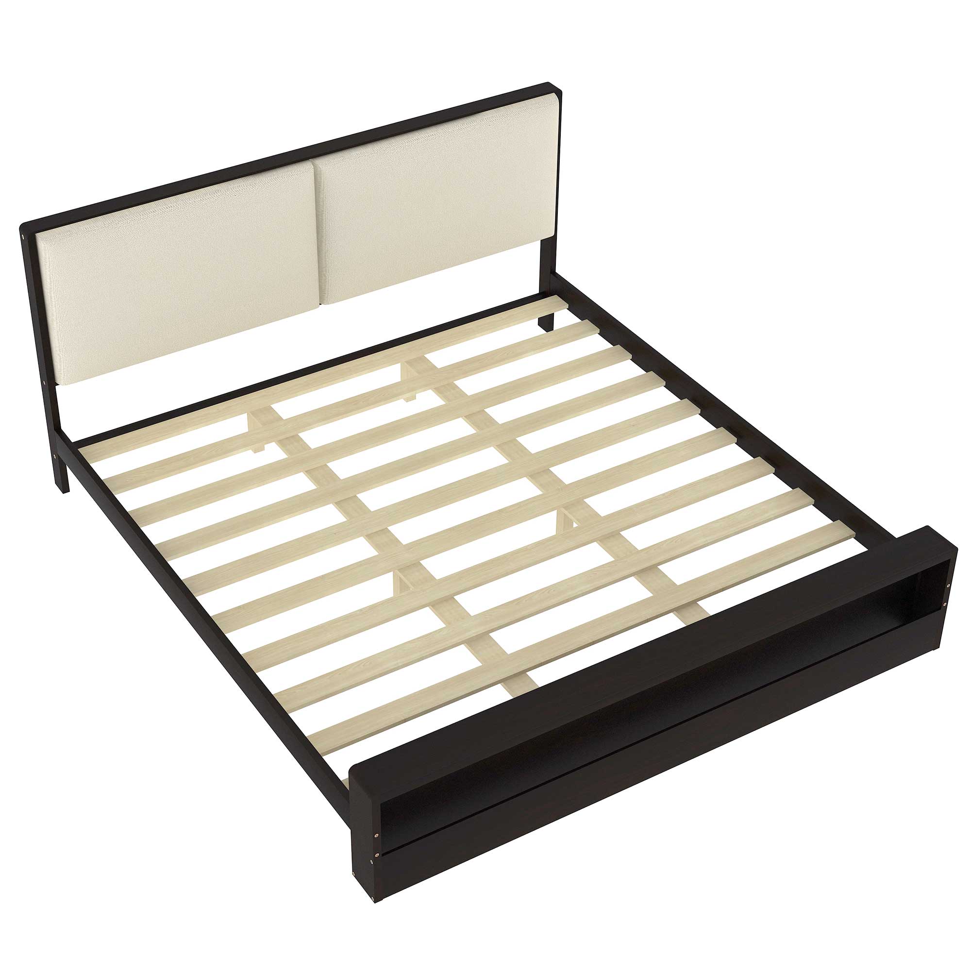 King/Queen Size Platform Bed Frame with Upholstery Headboard and Bookshelf in Footboard and LED Light Strips, Espresso