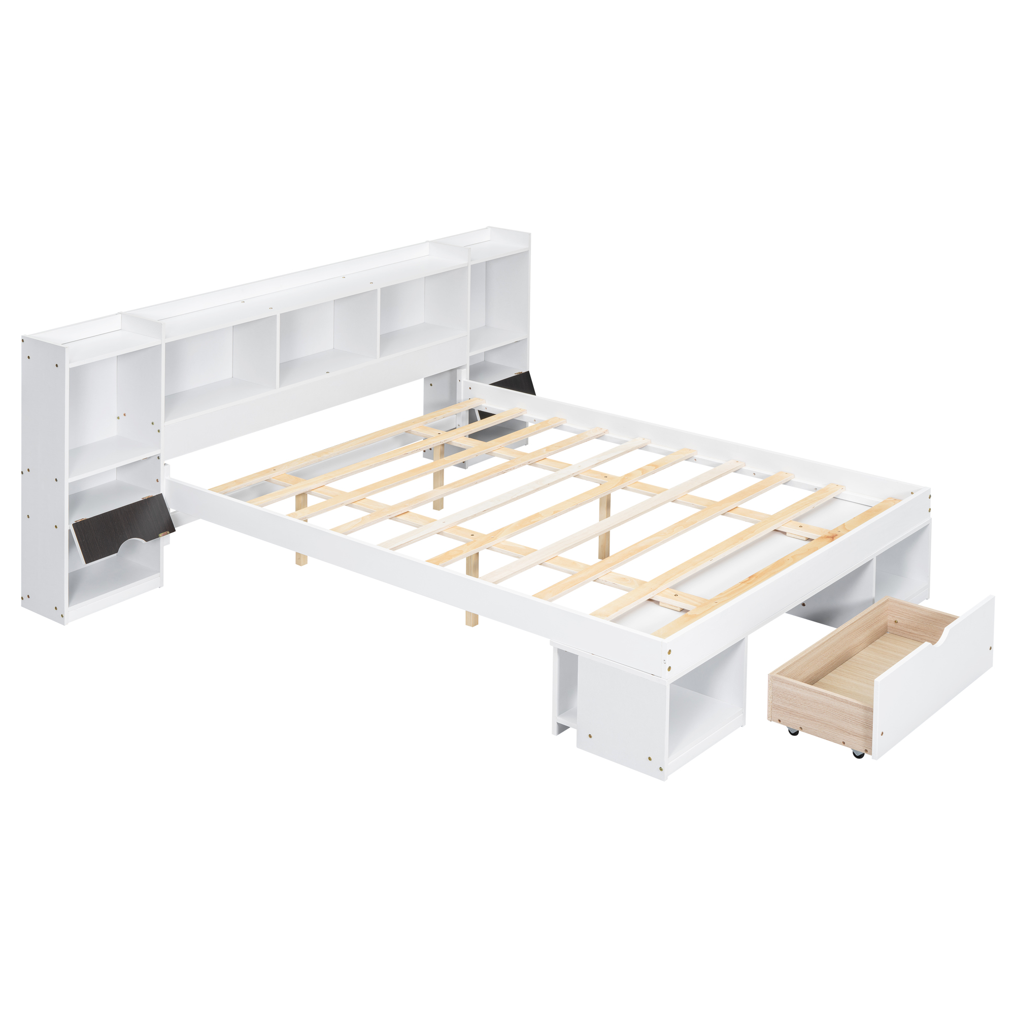 Queen Size Wood Platform Bed with Multi-storage Headboard and a Drawer, White/Gray