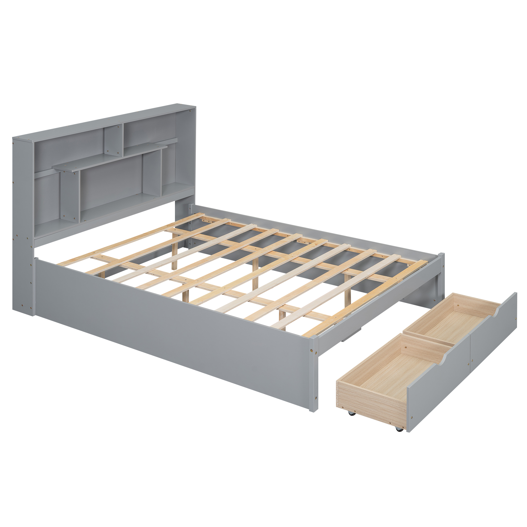 Full/Queen Size Platform Bed with Storage Headboard and 2 Drawers, Gray/White