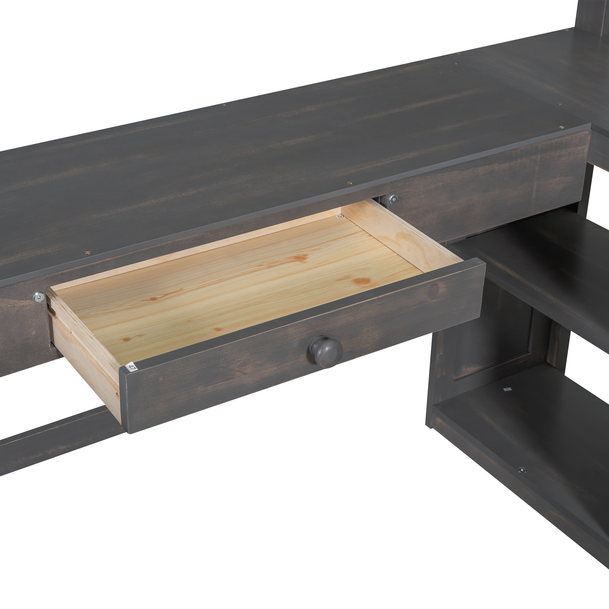 Full/Twin Size Loft Bed with U-shaped Desk, Drawers and Storage Shelves, White/Antique Brown 