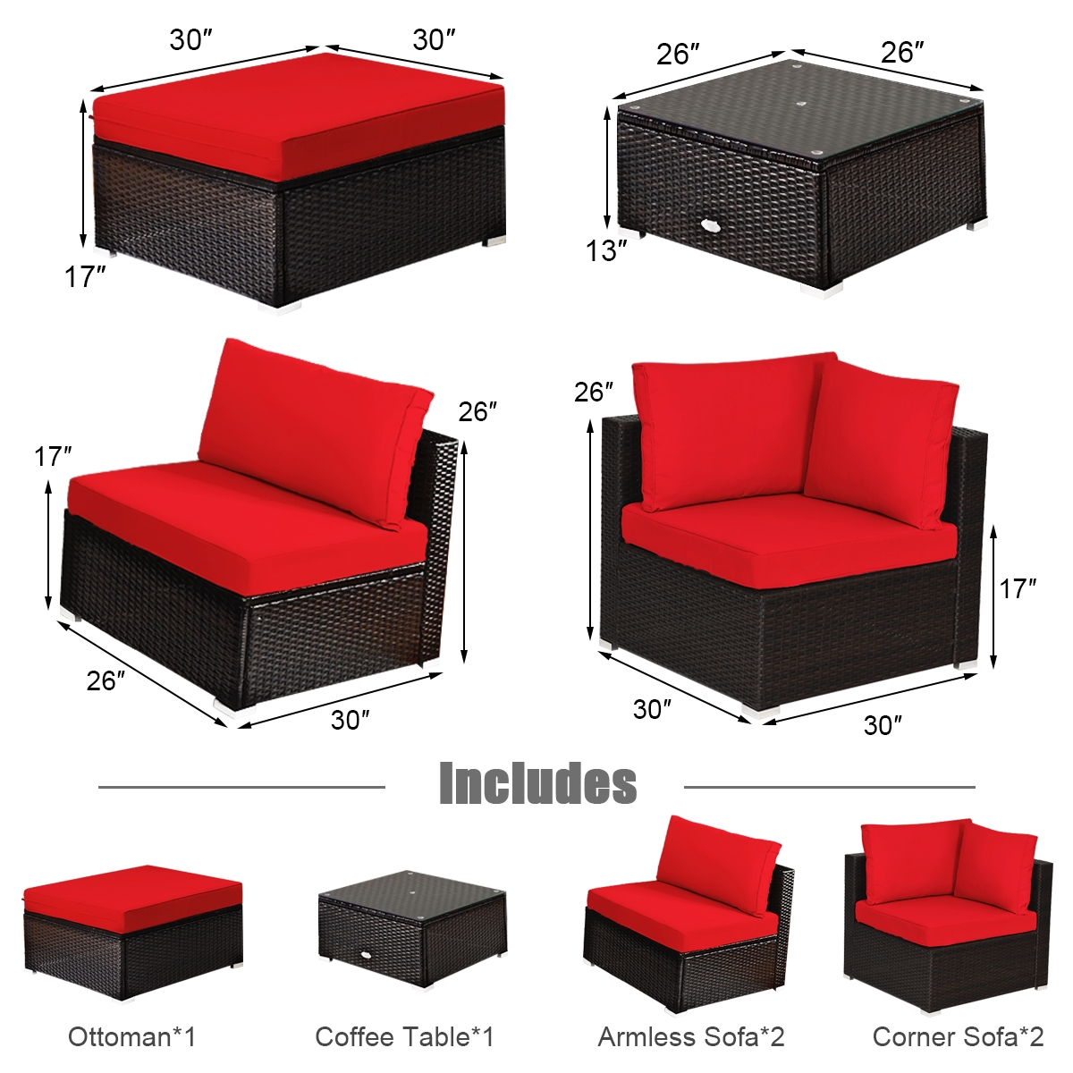 Mondawe 6 Pieces Outdoor Patio Rattan Furniture Set Sofa Ottoman-Red-Mondawe