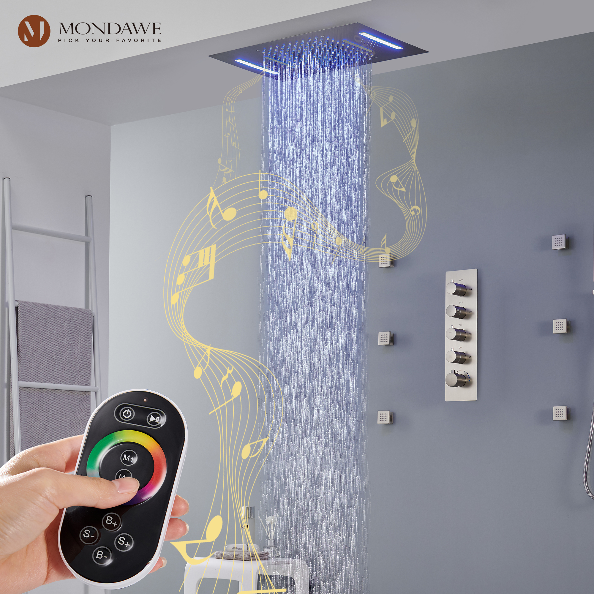 Mondawe Luxury 4-Way Thermostatic Shower System with LED and Music Player-Mondawe