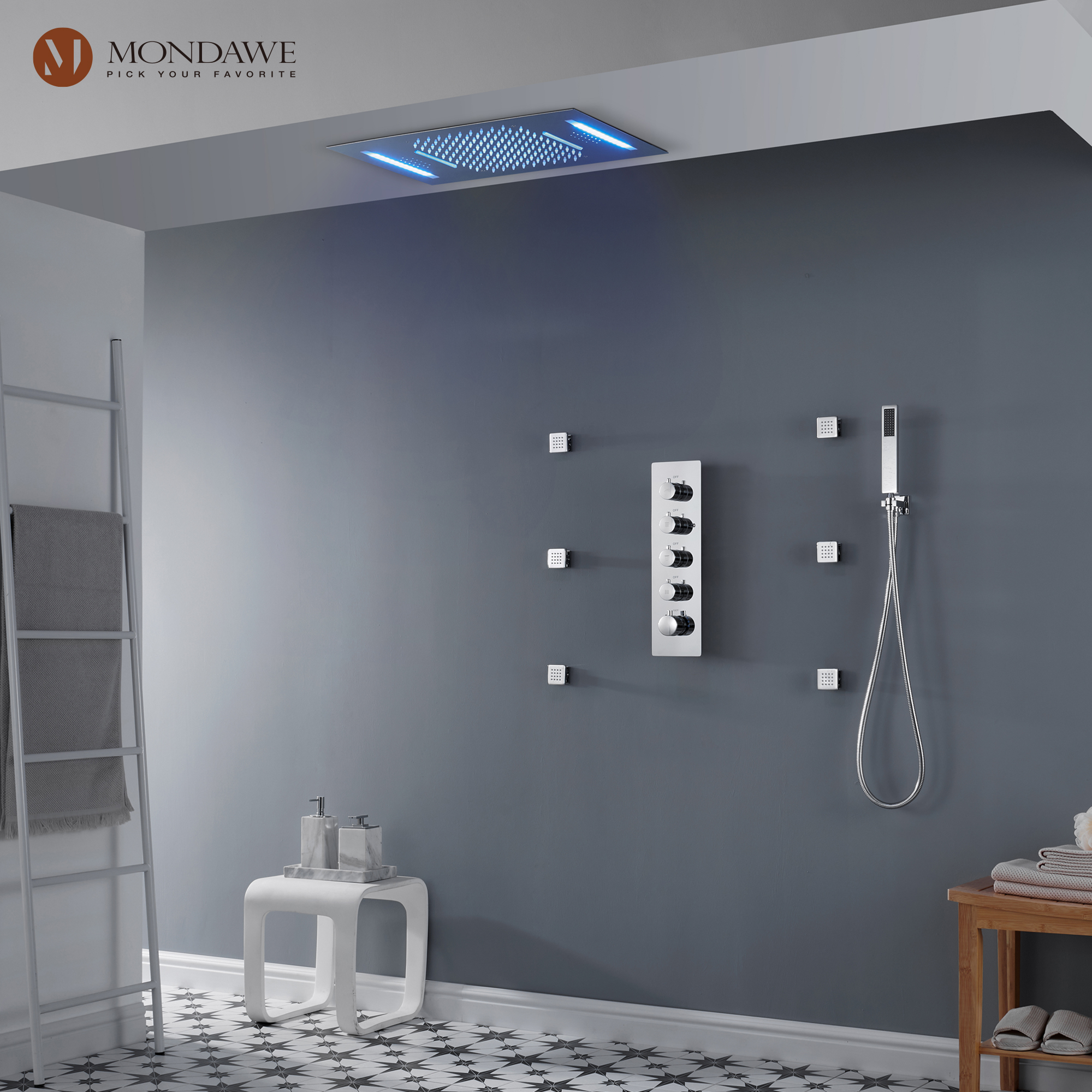 Mondawe Luxury 4-Way Thermostatic Shower System with LED and Music Player-Mondawe