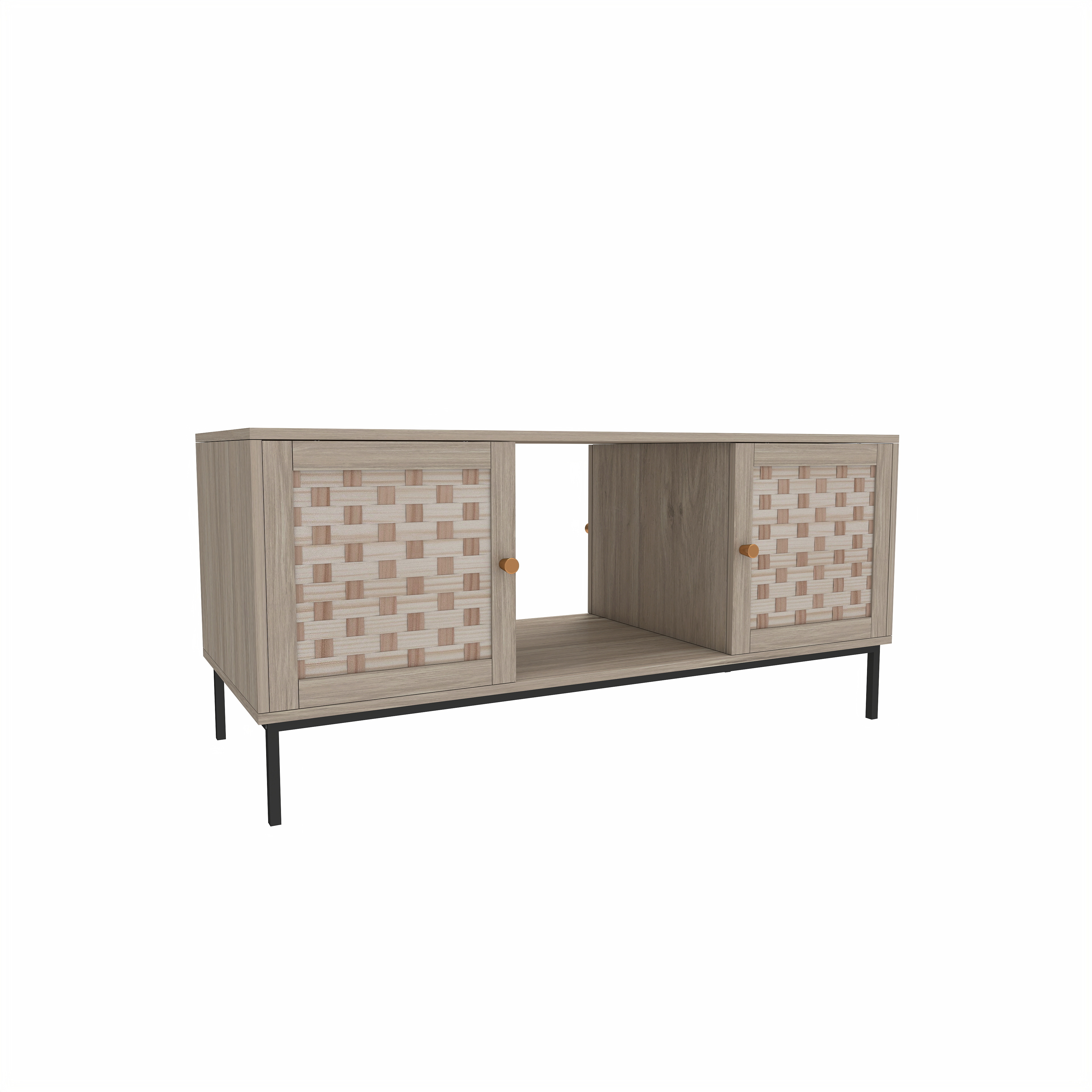 Elegant Veener Weaving Design Coffee Table with 4 Sliding Door, Wooden Center Rectangular Table with Symmetrical Design Storage Cabinet 