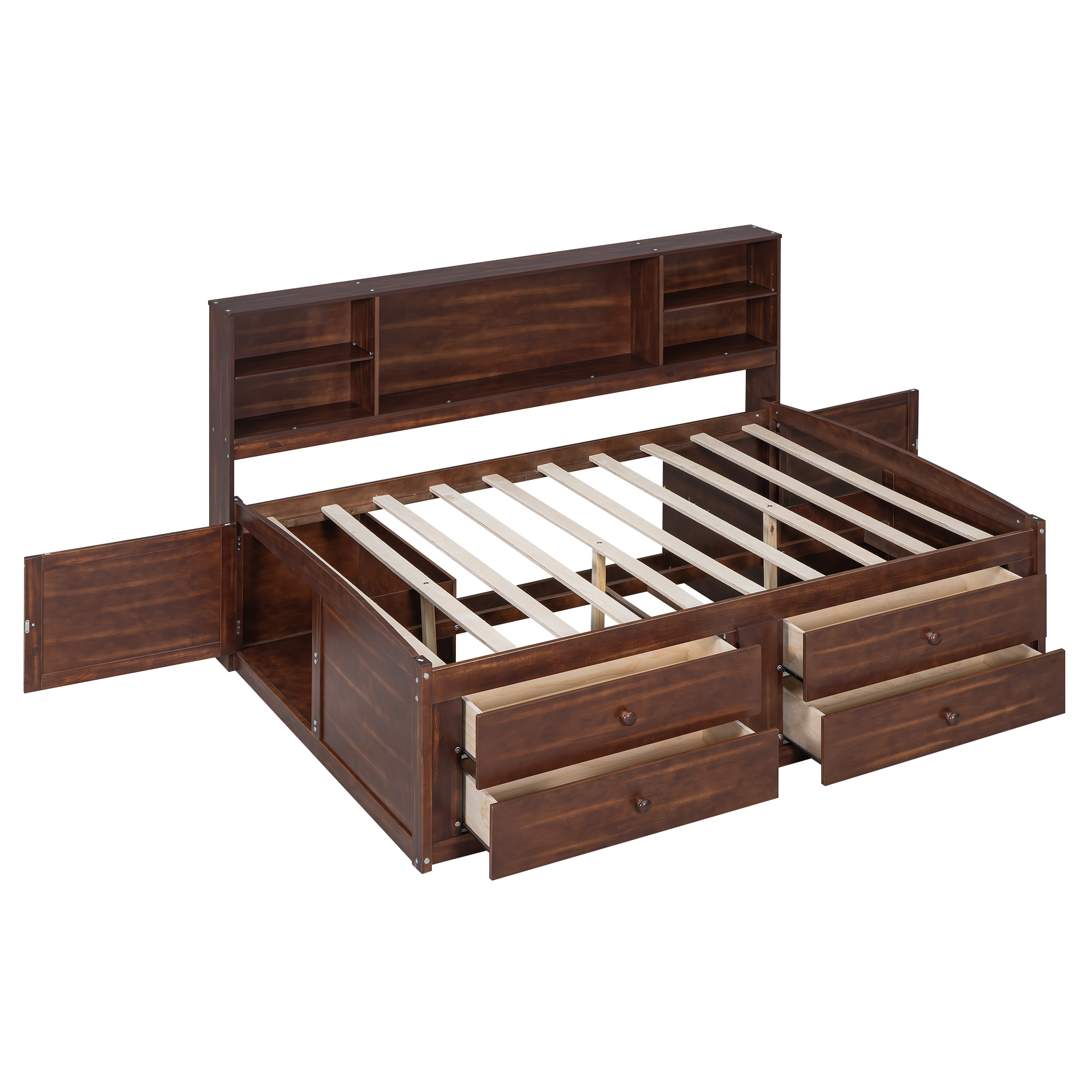 Full Size Wooden Captain Bed with Built-in Storage Shelves, 4 Drawers and 2 Cabinets, Antique Brown 