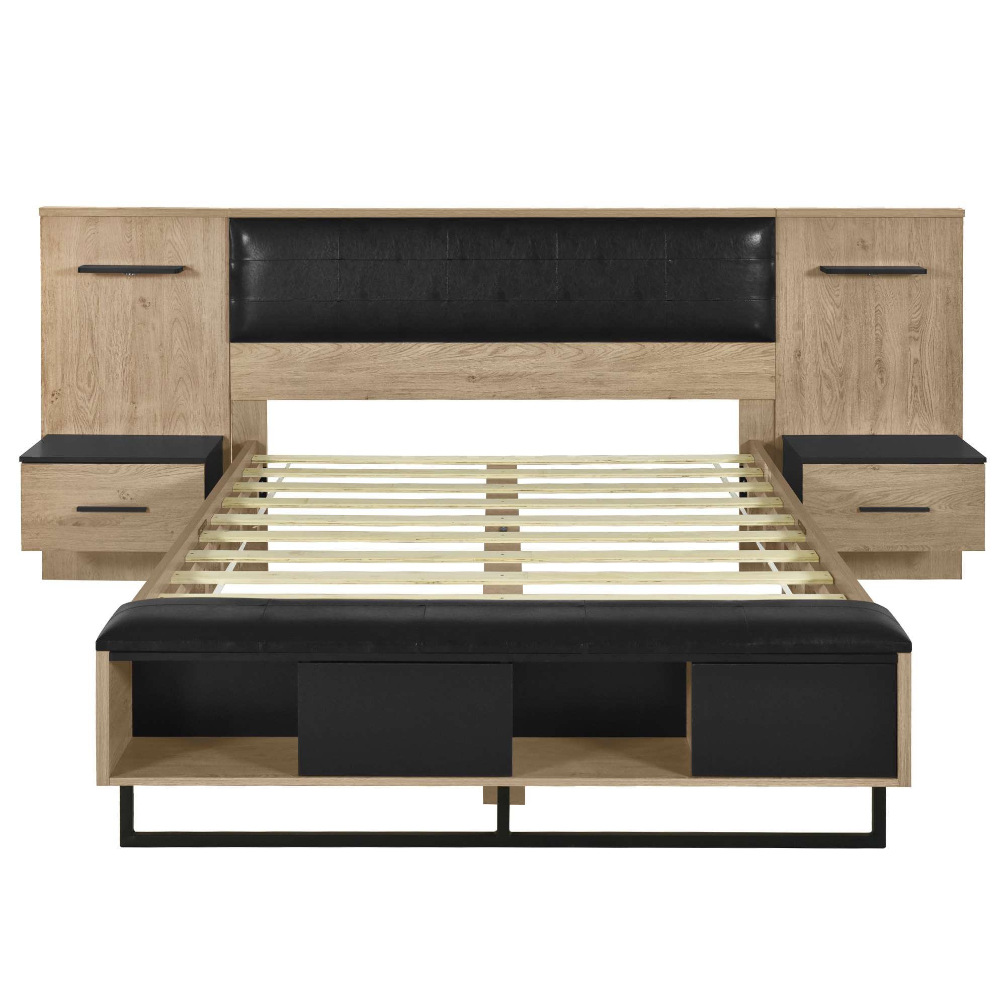 Queen Size Wood Platform Bed with Upholstered Headboard, Lights and Storage Nightstand, Bench, Walnut 