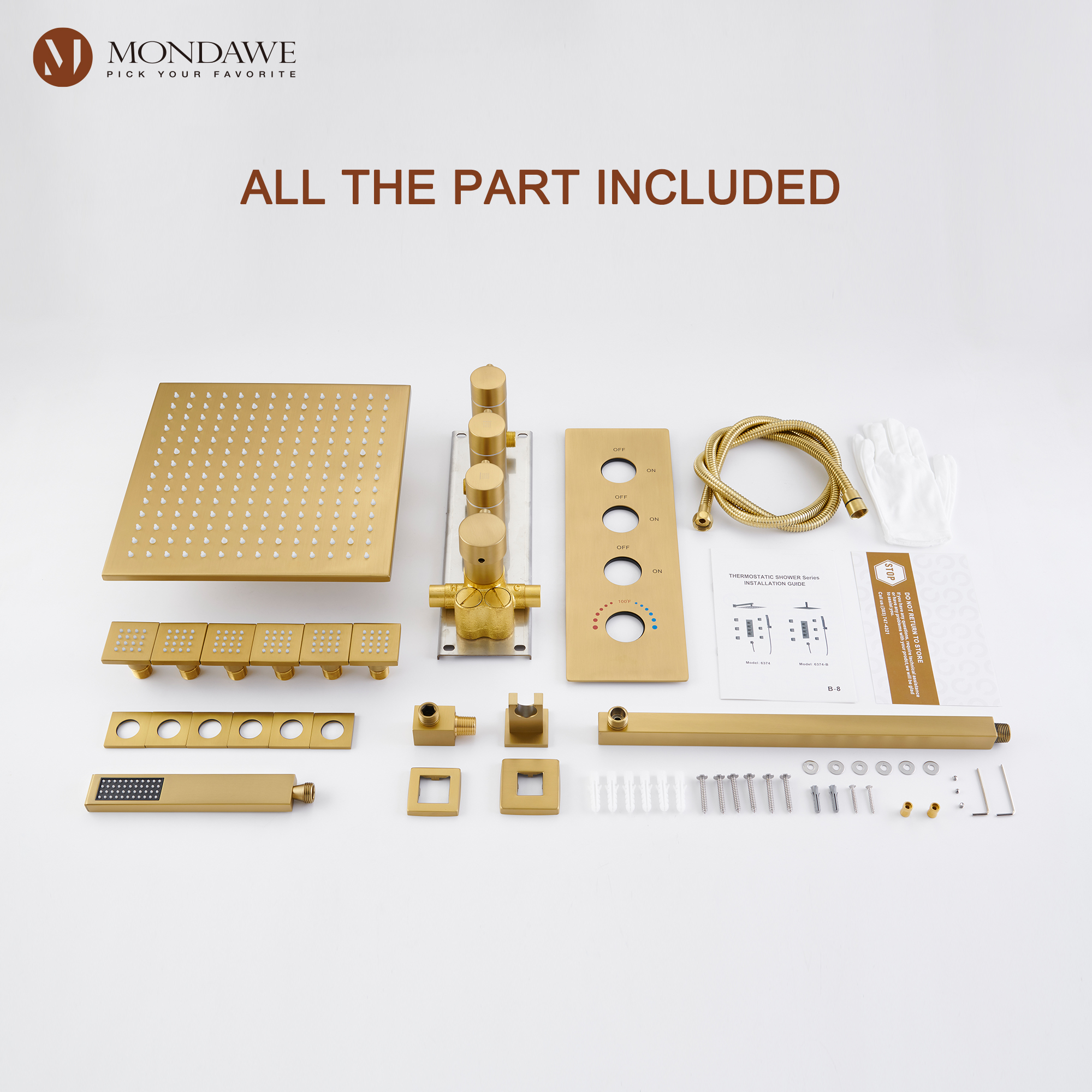 BG-Mondawe Luxury Wall Mount Rain Shower Head with 6 Shower Jet and LED 3-Spray Patterns Thermostatic 12 in. -Mondawe