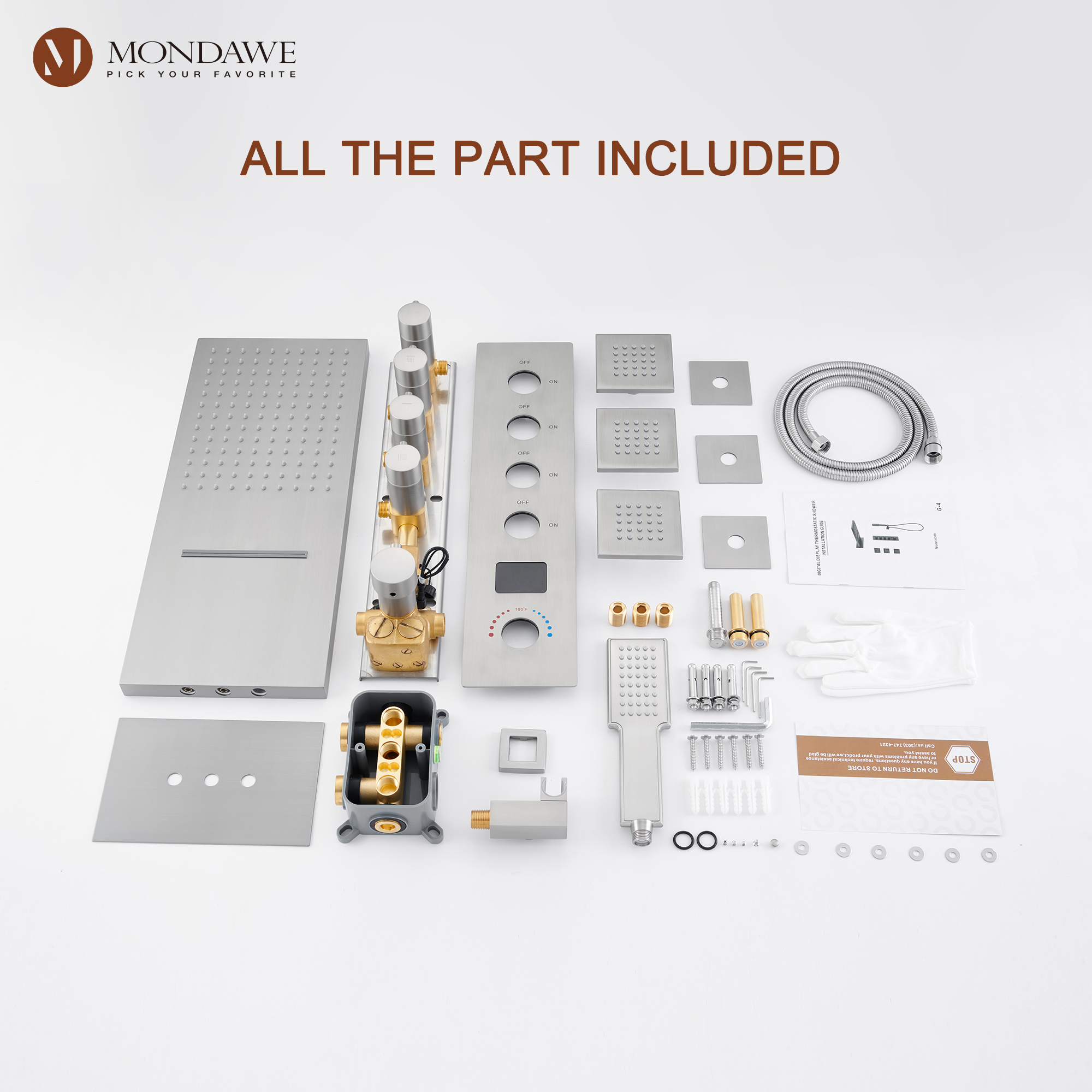 BN-Mondawe Luxury Rain Dual Shower Heads Wall Mounted 22 in. with Digital Temperature Display 4 Spray Patterns Thermostatic and 3 Body Jets-Mondawe