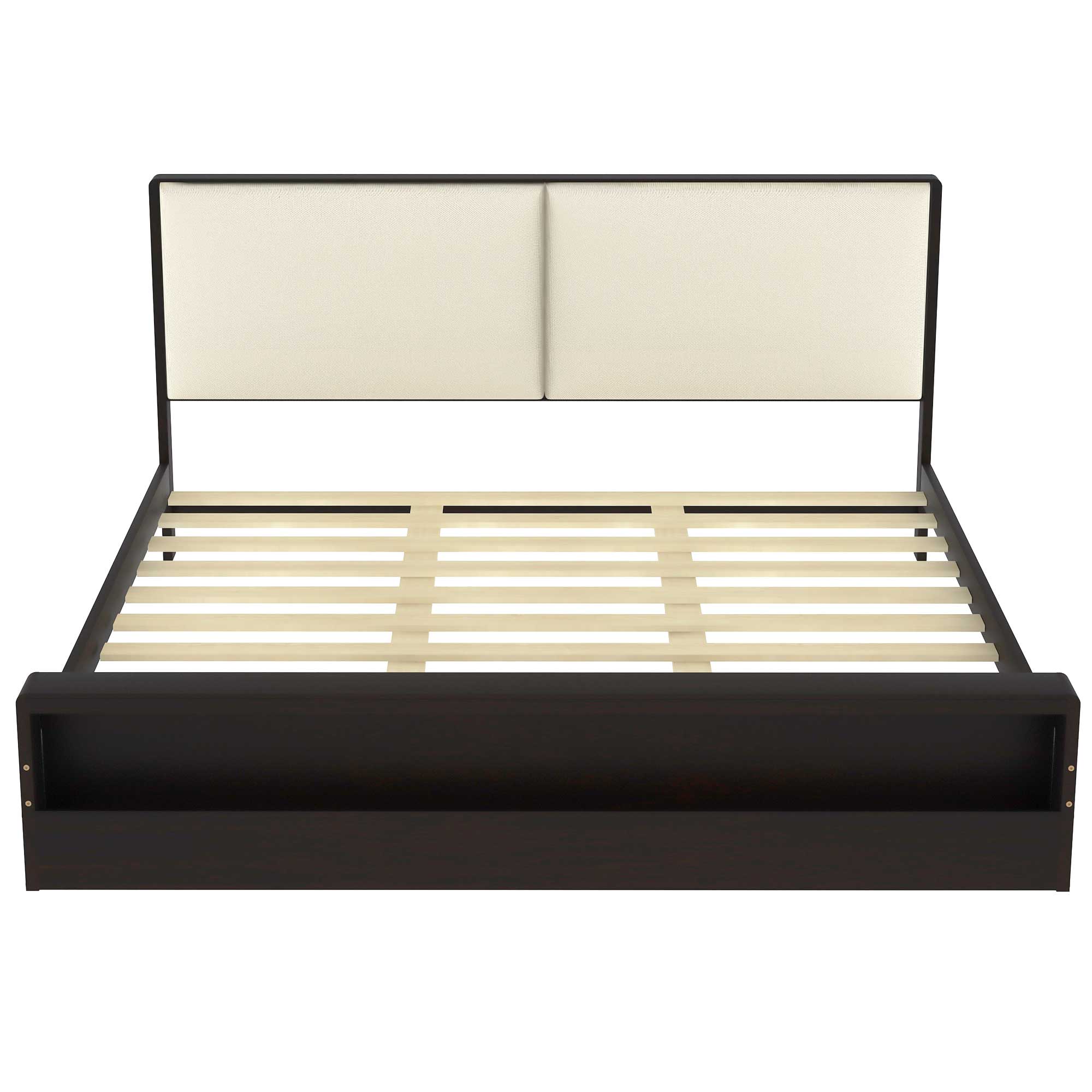 King/Queen Size Platform Bed Frame with Upholstery Headboard and Bookshelf in Footboard and LED Light Strips, Espresso