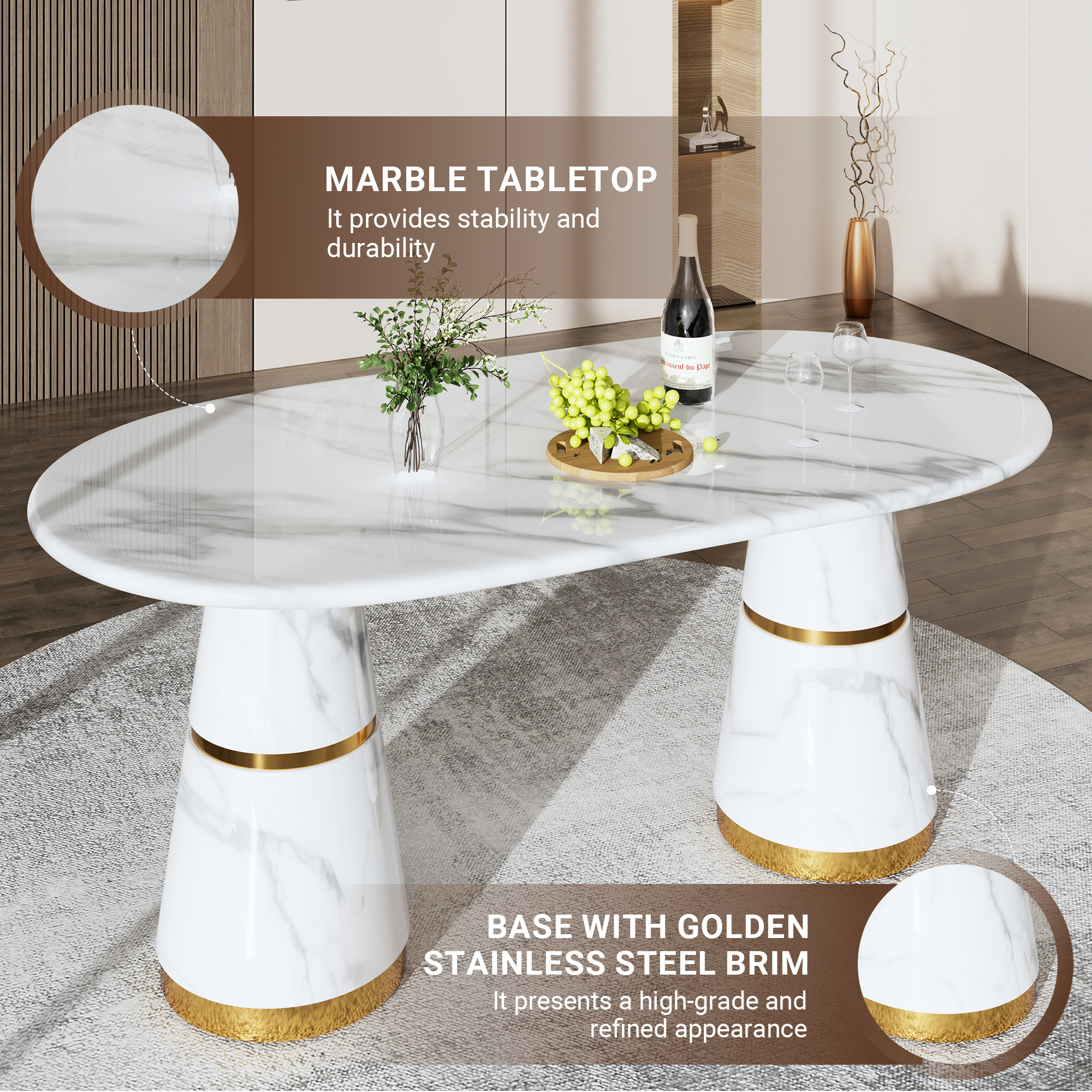 White Marble Top 70 in. W Conical Base Column Dining Table Seats-6 with Adjustable Foot Nails