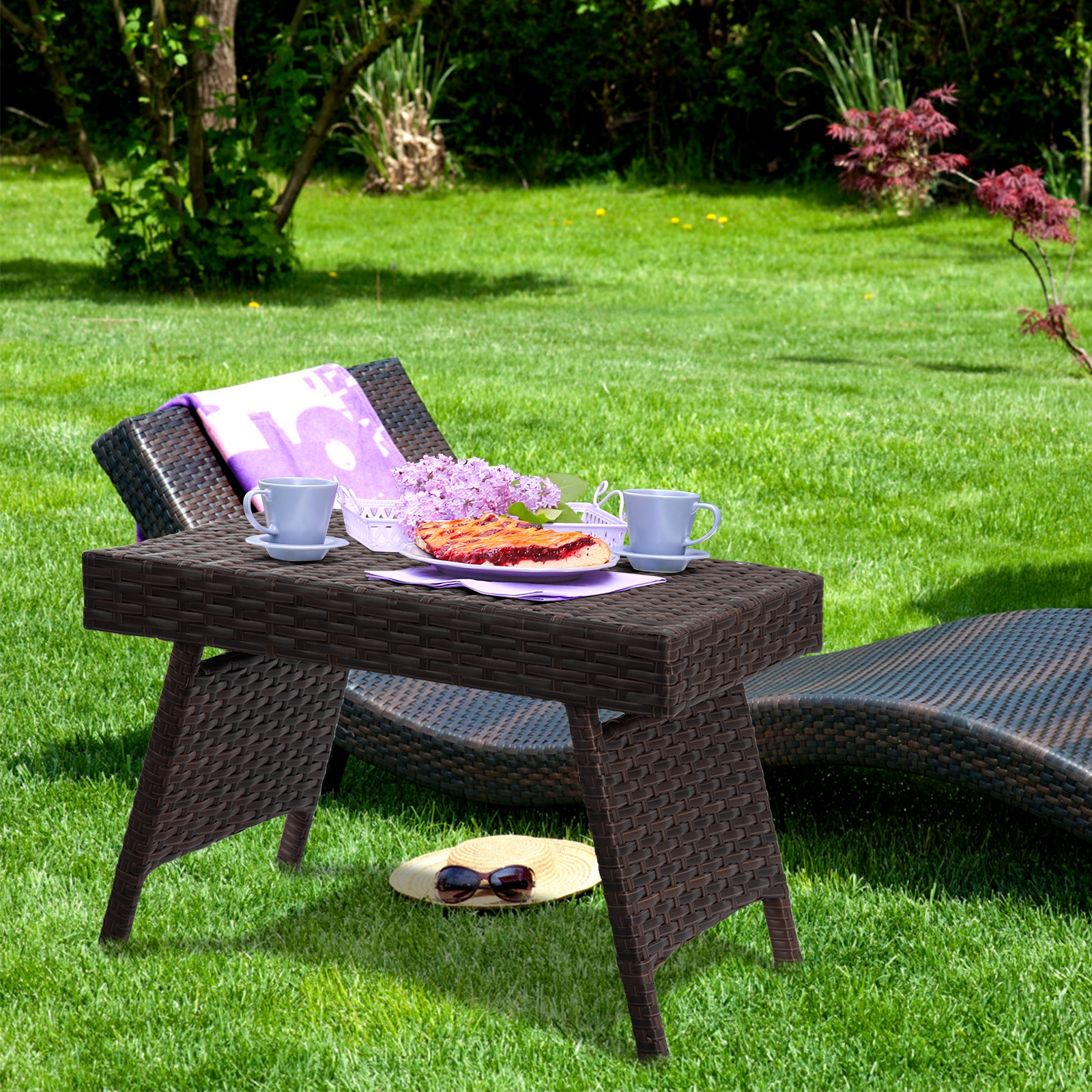 Mondawe Folding PE Rattan Side Coffee Table Patio Garden Furniture-Mondawe