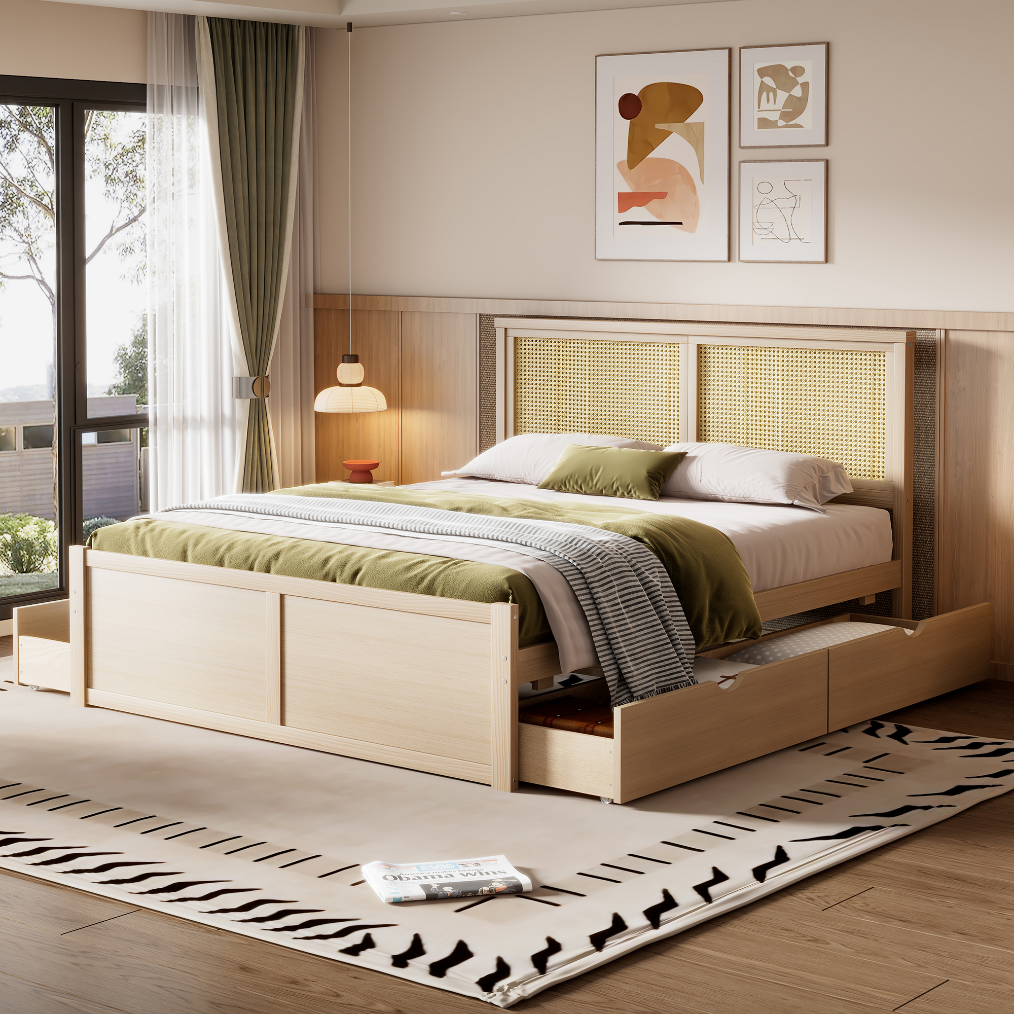 Queen/Full Size Wood Storage Platform Bed with 4 Drawers, Rattan Headboard, Espresso/Nature 
