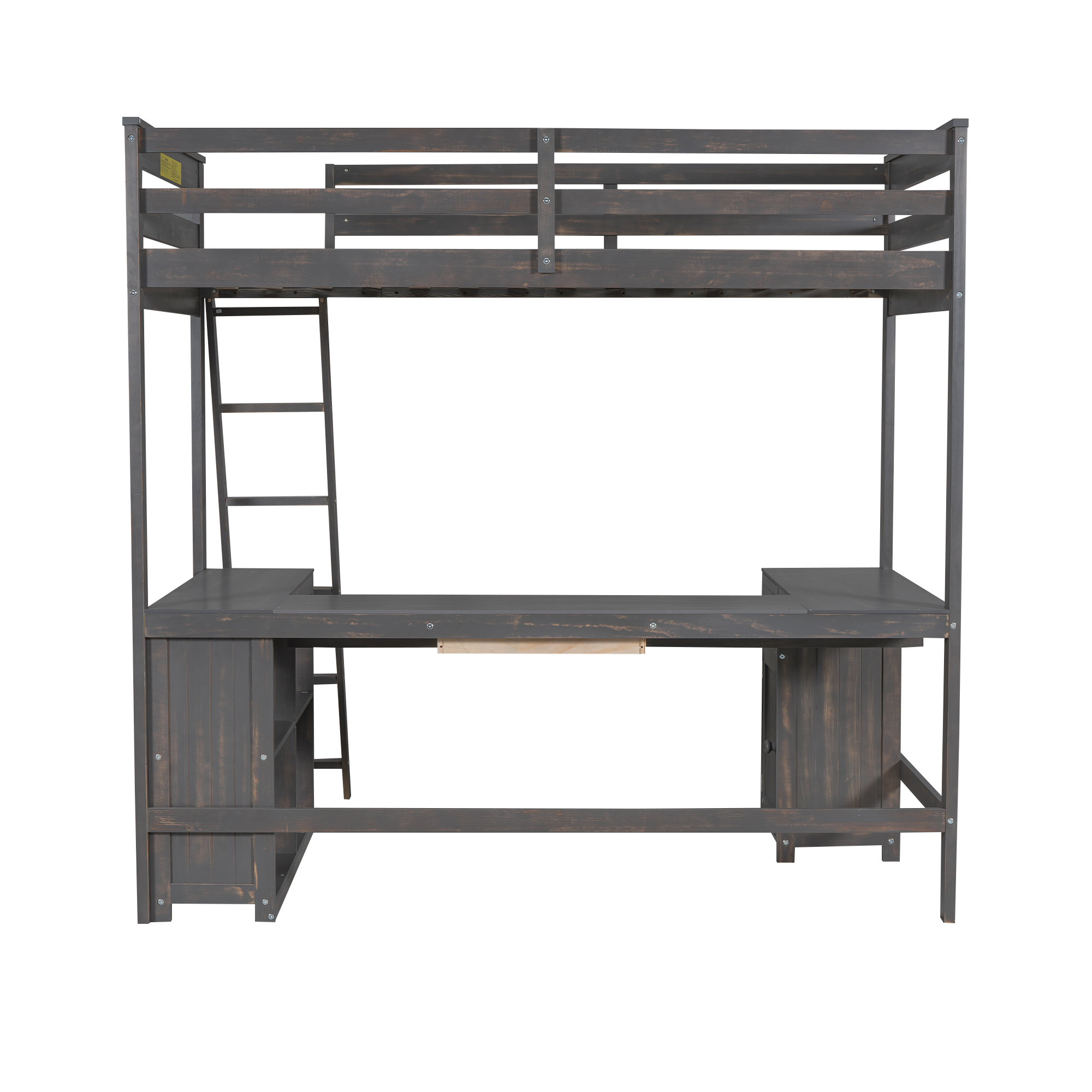 Full/Twin Size Loft Bed with U-shaped Desk, Drawers and Storage Shelves, White/Antique Brown 