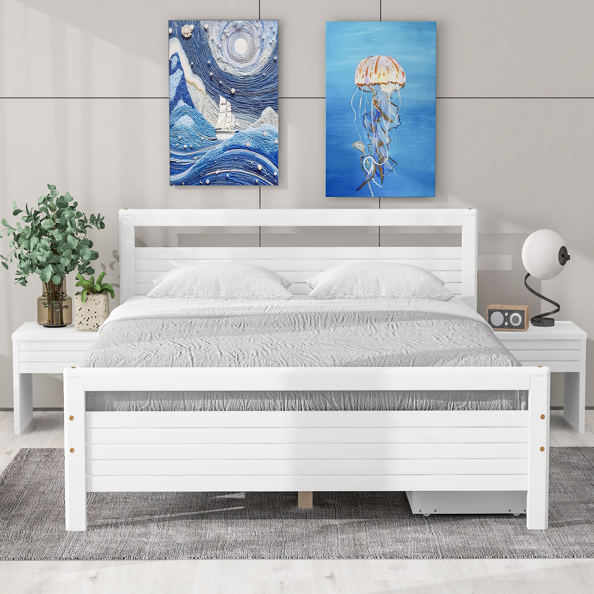 Queen Size Wooden Platform Bed with 2 Storage Drawers and 2 bedside tables, Gray/White 