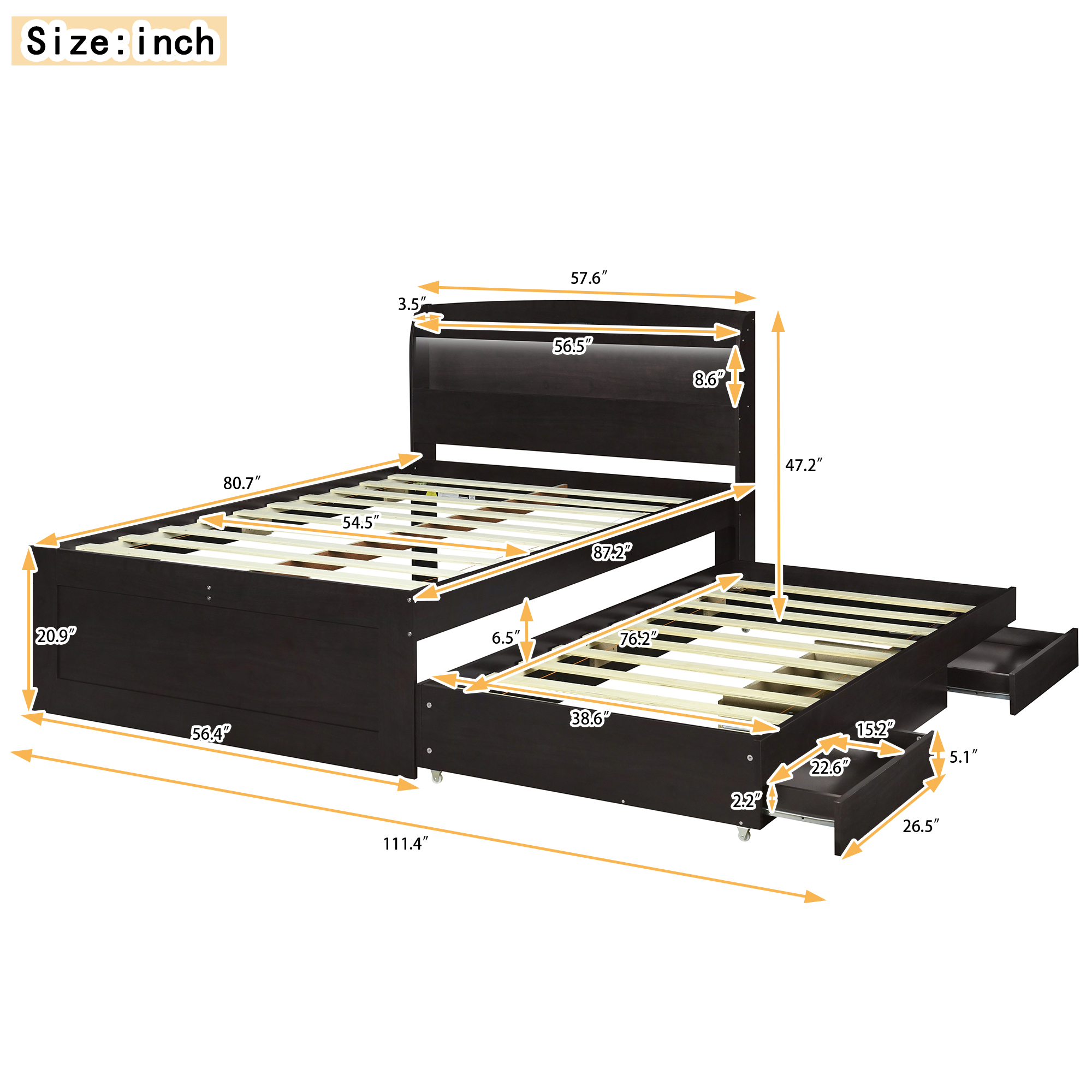 Full XL Size Platform Bed with Storage LED Headboard, Charging Station, Twin Size Trundle and 2 Drawers, Gray/Dark Brown