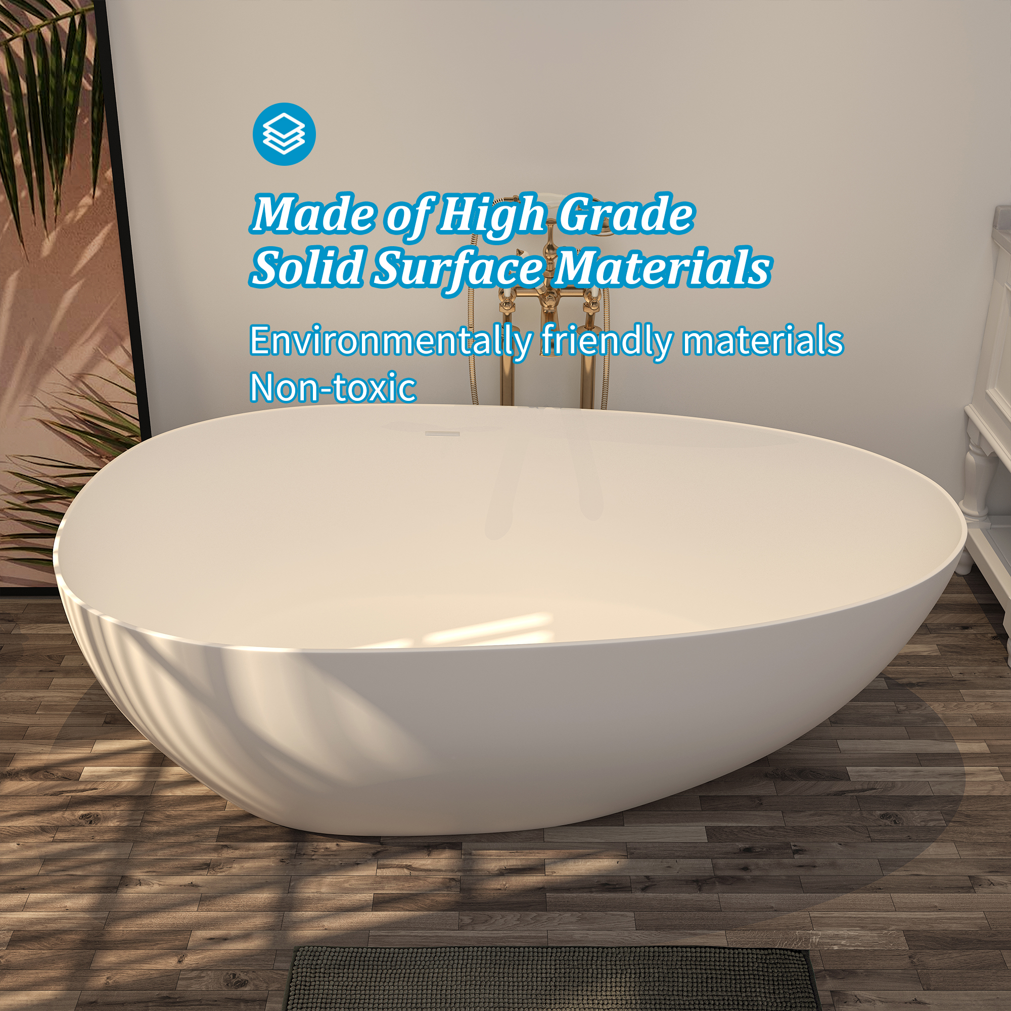 71'' Resin Stone Freestanding Bathtub, Solid Surface Matte White Free Standing Tub, Egg Shape Stand Alone Soaking Tubs with Drain, Drain Hose & Sanding Paper