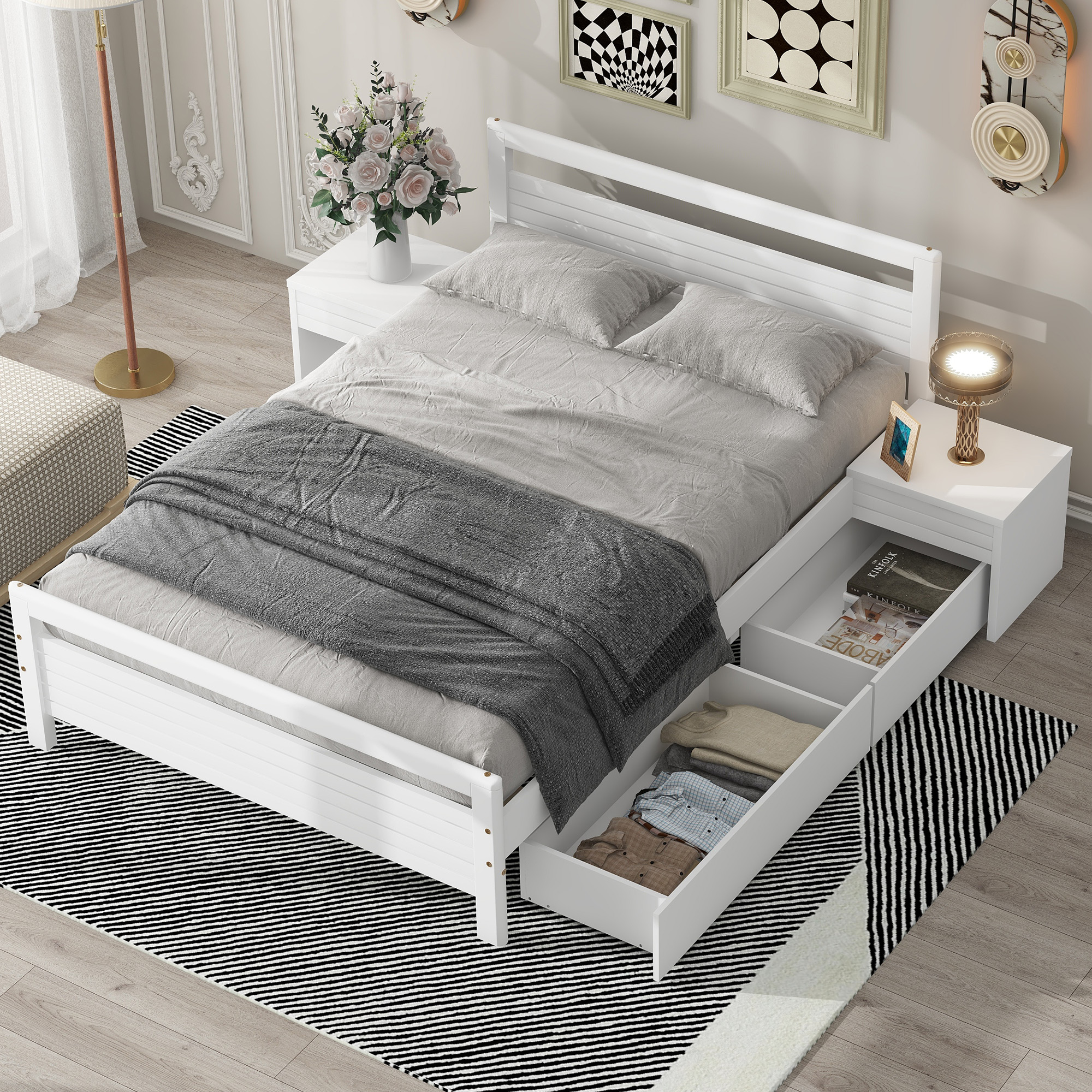 Full Size Wooden Platform Bed with 2 Storage Drawers and 2 bedside tables, White 