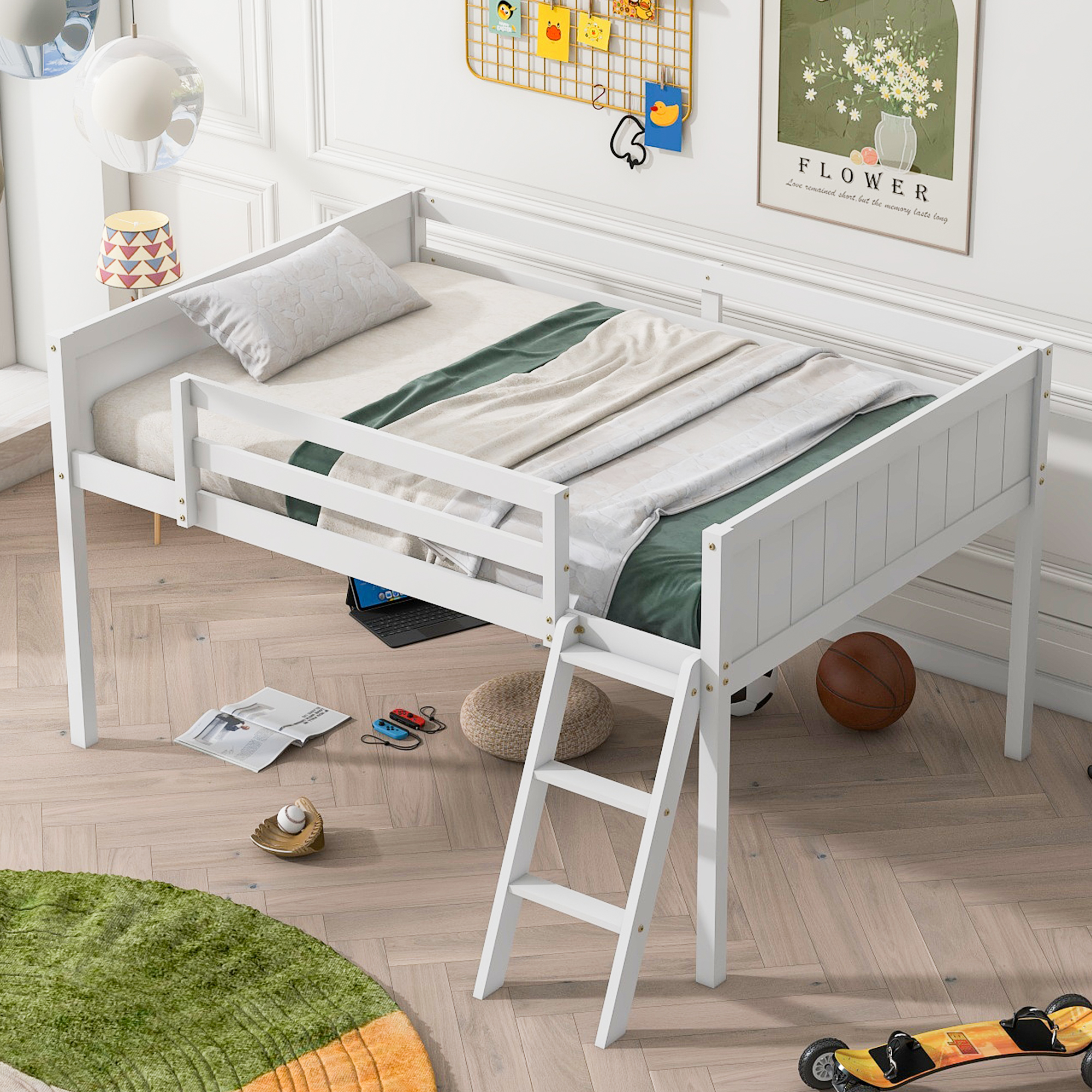Full Size Wood Low Loft Bed with Ladder, ladder can be placed on the left or right, Gray/White