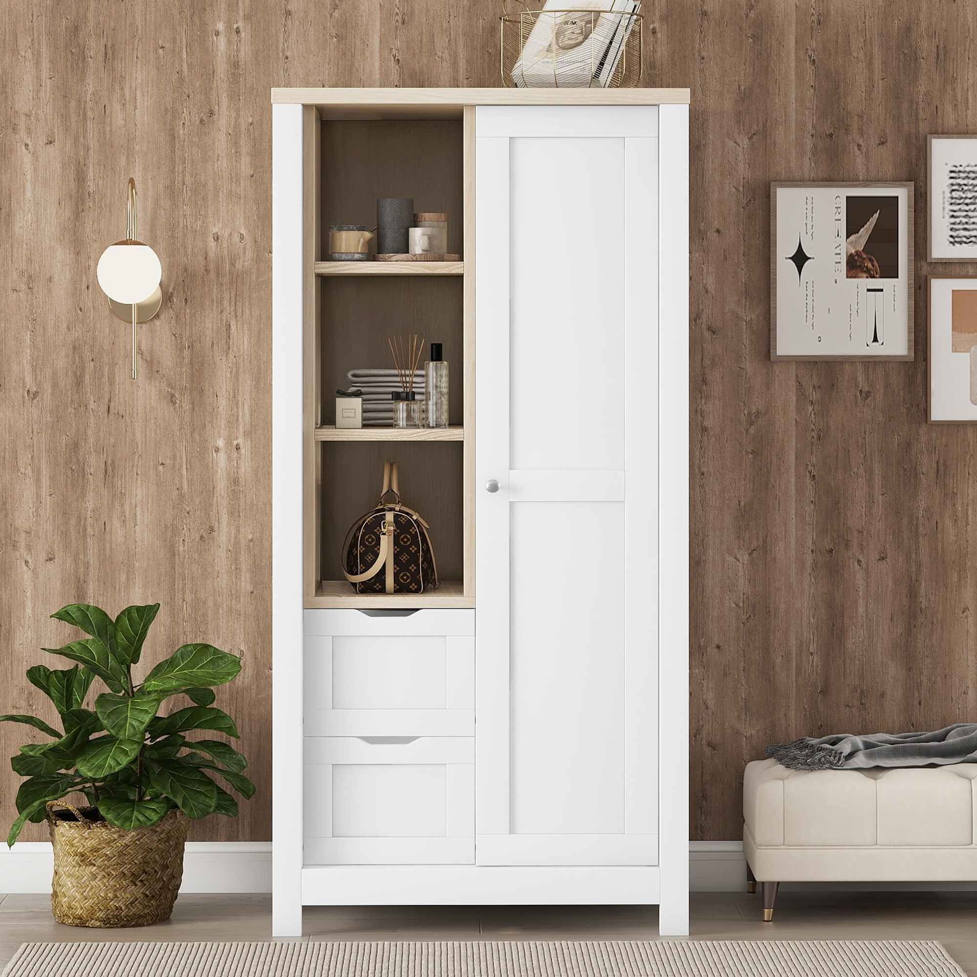 Bedroom Storage Wardrobe with Hanging Rods and 2 Drawers and Open Shelves,Sliding Door,White 