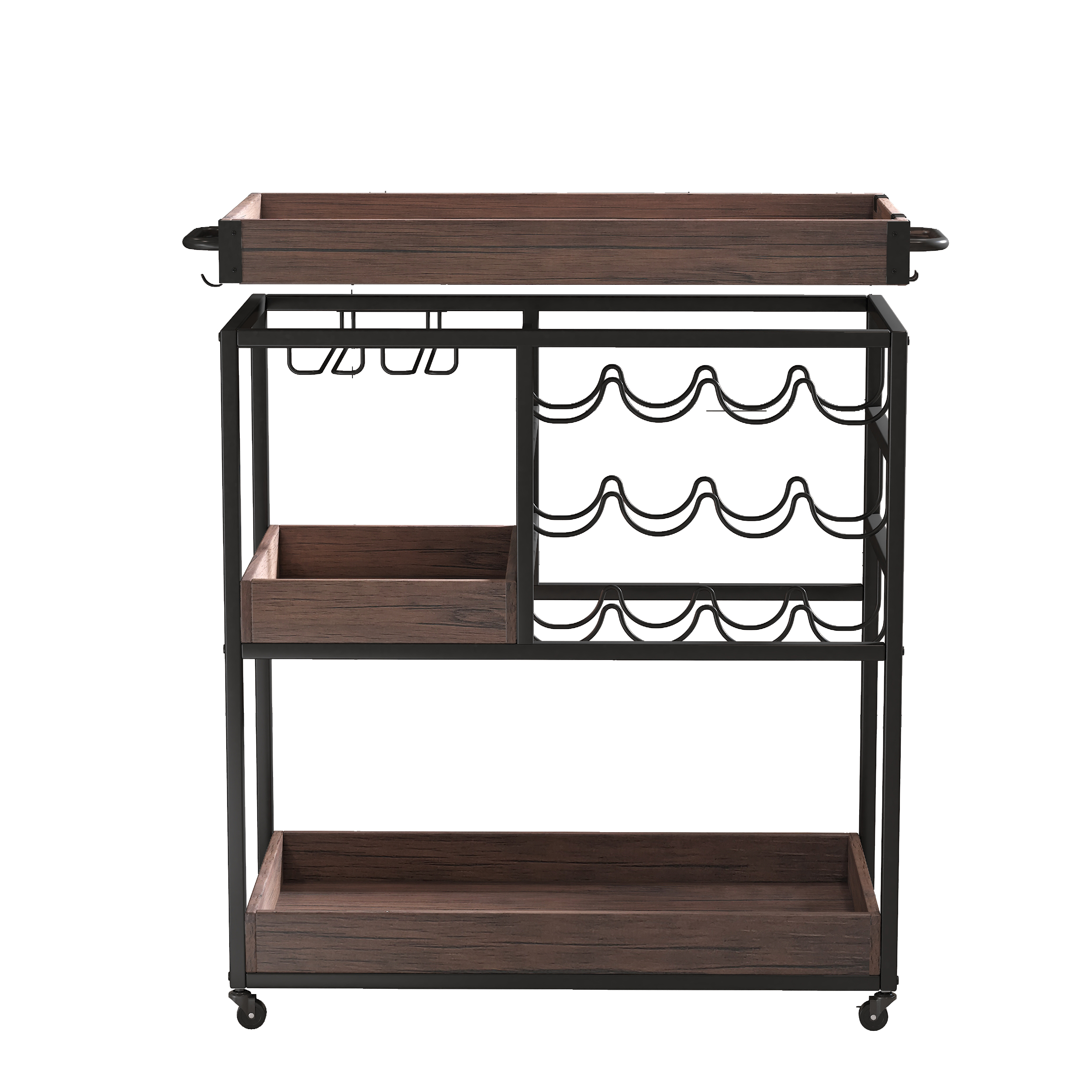 3 Tier Industrial Rolling Serving Cart with Lockable Wheels, Wine Rack Cart with Glass Holder for Indoor and Outdoor, Beverage Trolley cart with 2 Removable Tray, 
