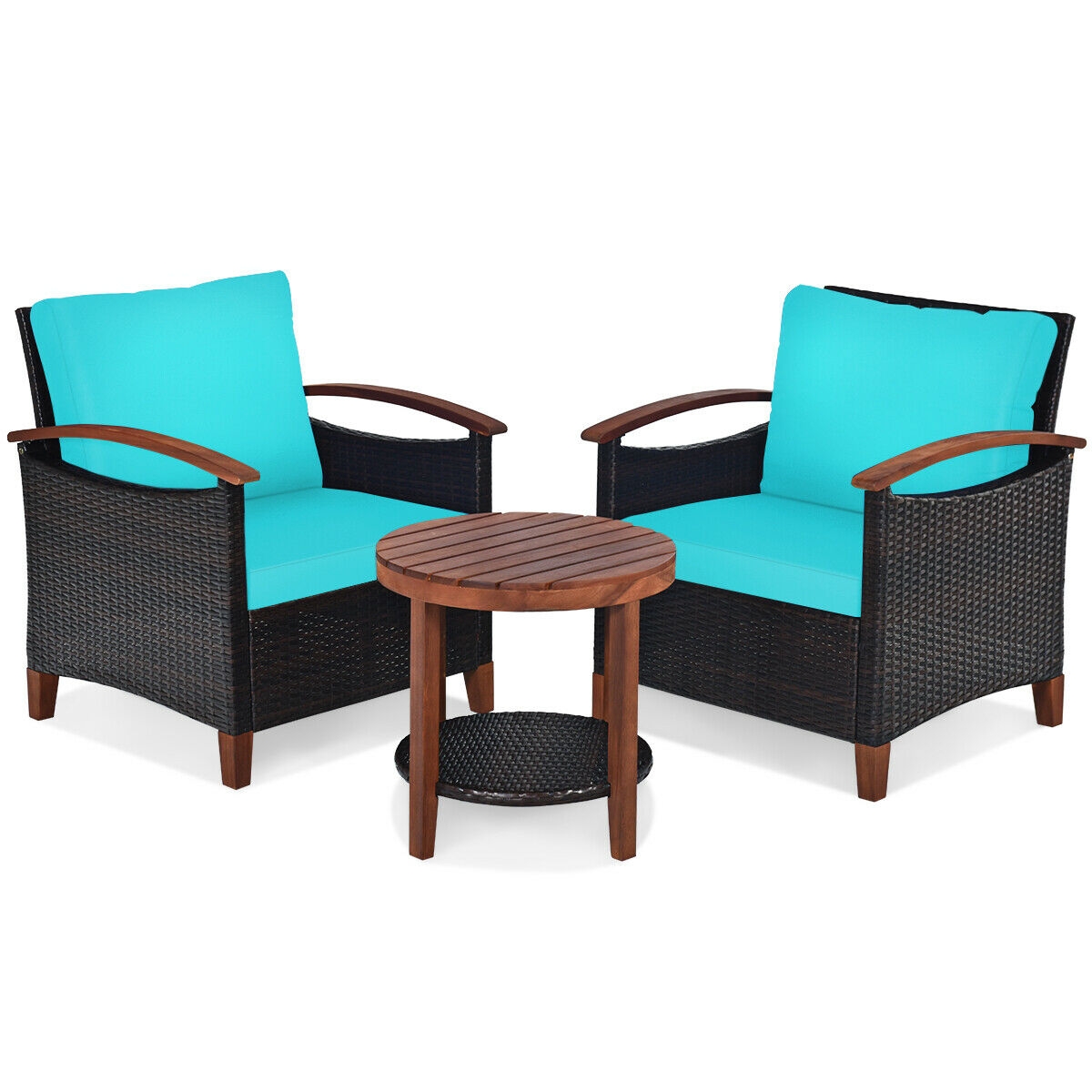 Mondawe 3 Pcs Solid Wood Frame Patio Rattan Furniture Set-Turquoise-Mondawe