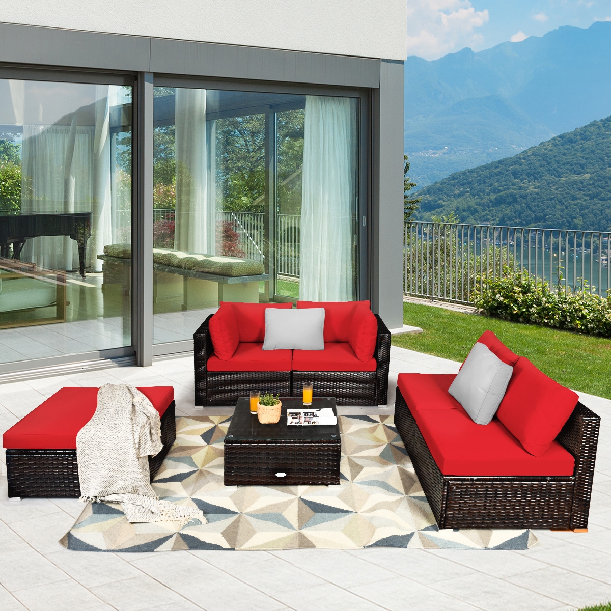 Mondawe 6 Pieces Outdoor Patio Rattan Furniture Set Sofa Ottoman-Red-Mondawe