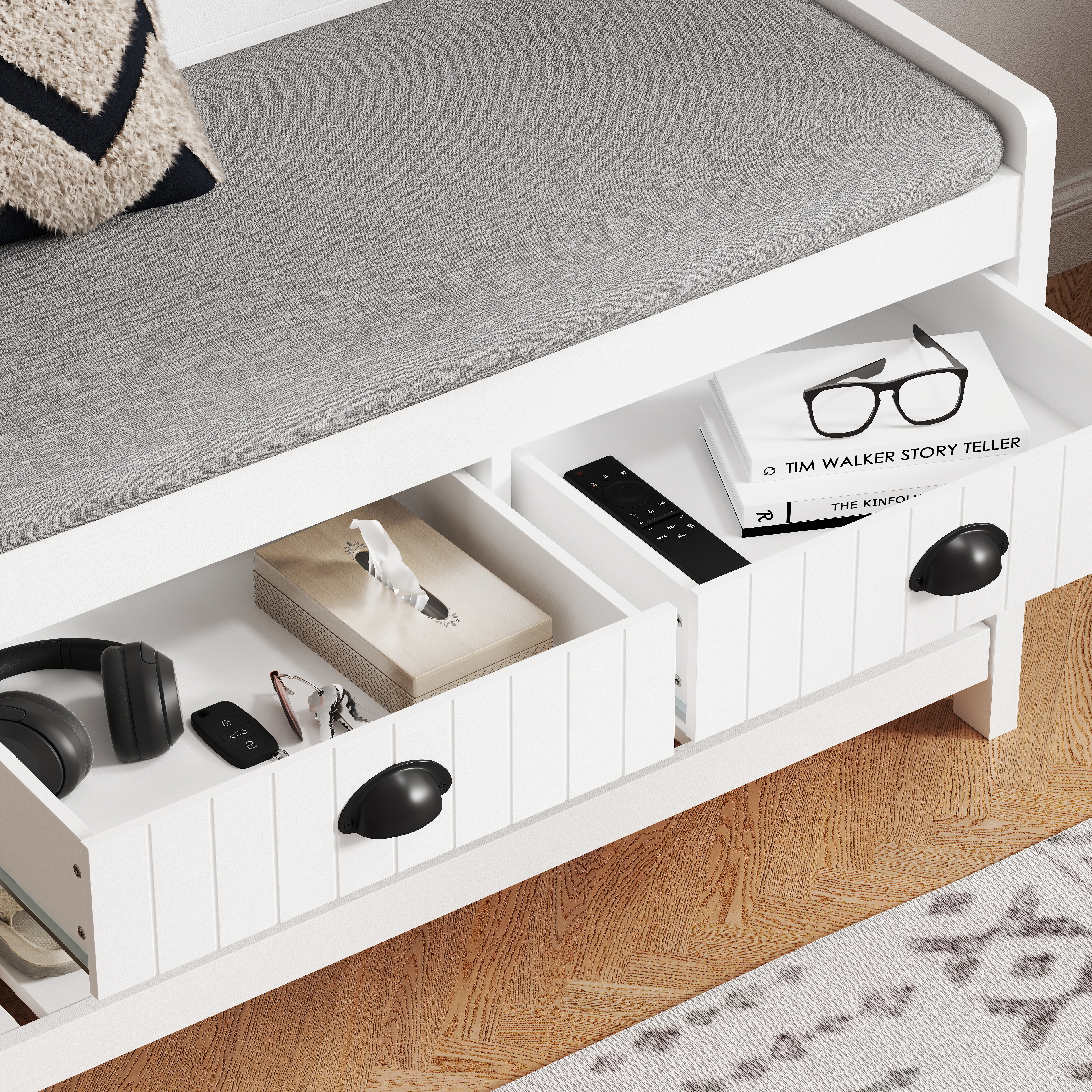 3-in-1 Hallway Hall Tree with 2 Storage Drawer and 4 Coat Rack, Wooden Entryway Shoe Rack Bench with Padded Seat Cushion, Mudroom Bench with Top Storage Shelf 