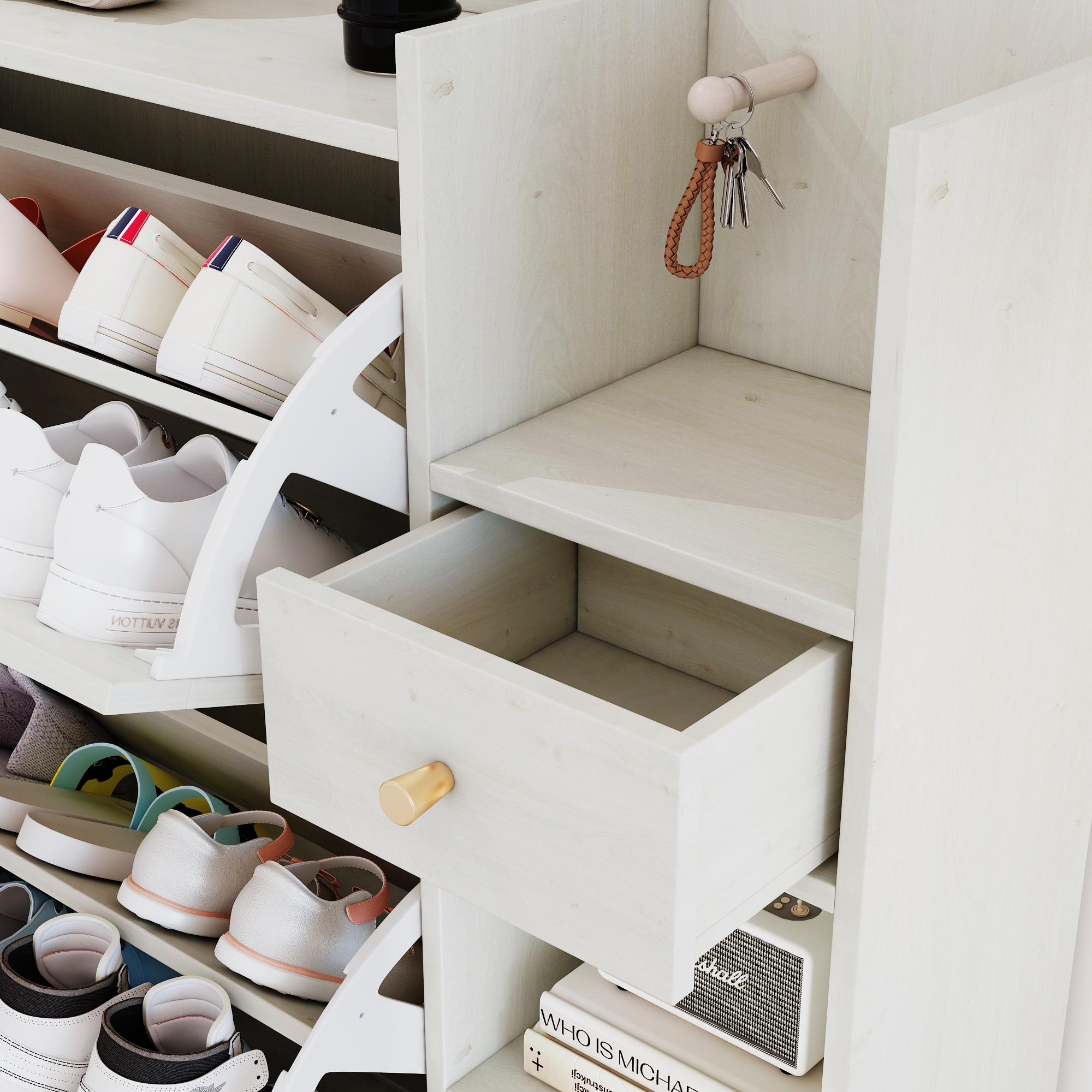 Bohemia Style Shoe Cabinet, Shoe Rack Cabinet with 3 Rattan Flip Drawers,3 Square Shelves and 1 Storage Drawer, Shoe Organizer with Mulit Storage Space and Hooks for Hallway, Entryway, (Natural/Antique white) 