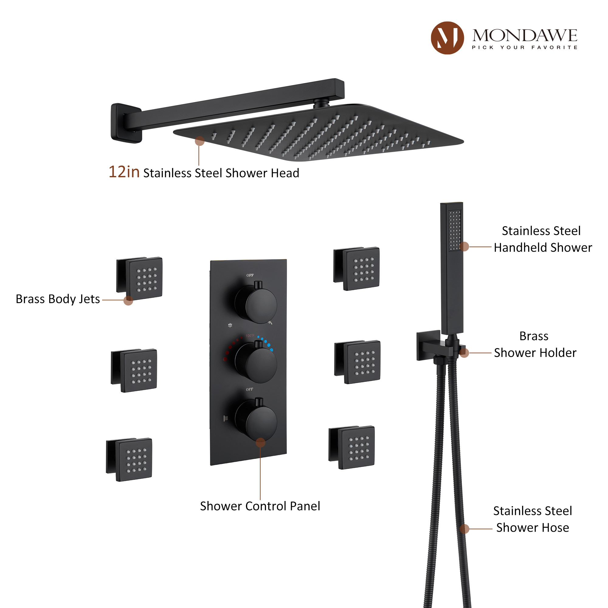 Mondawe Wall Mount Thermostatic Rain Head Shower System with Handheld Shower and Wall Body Jets-Mondawe