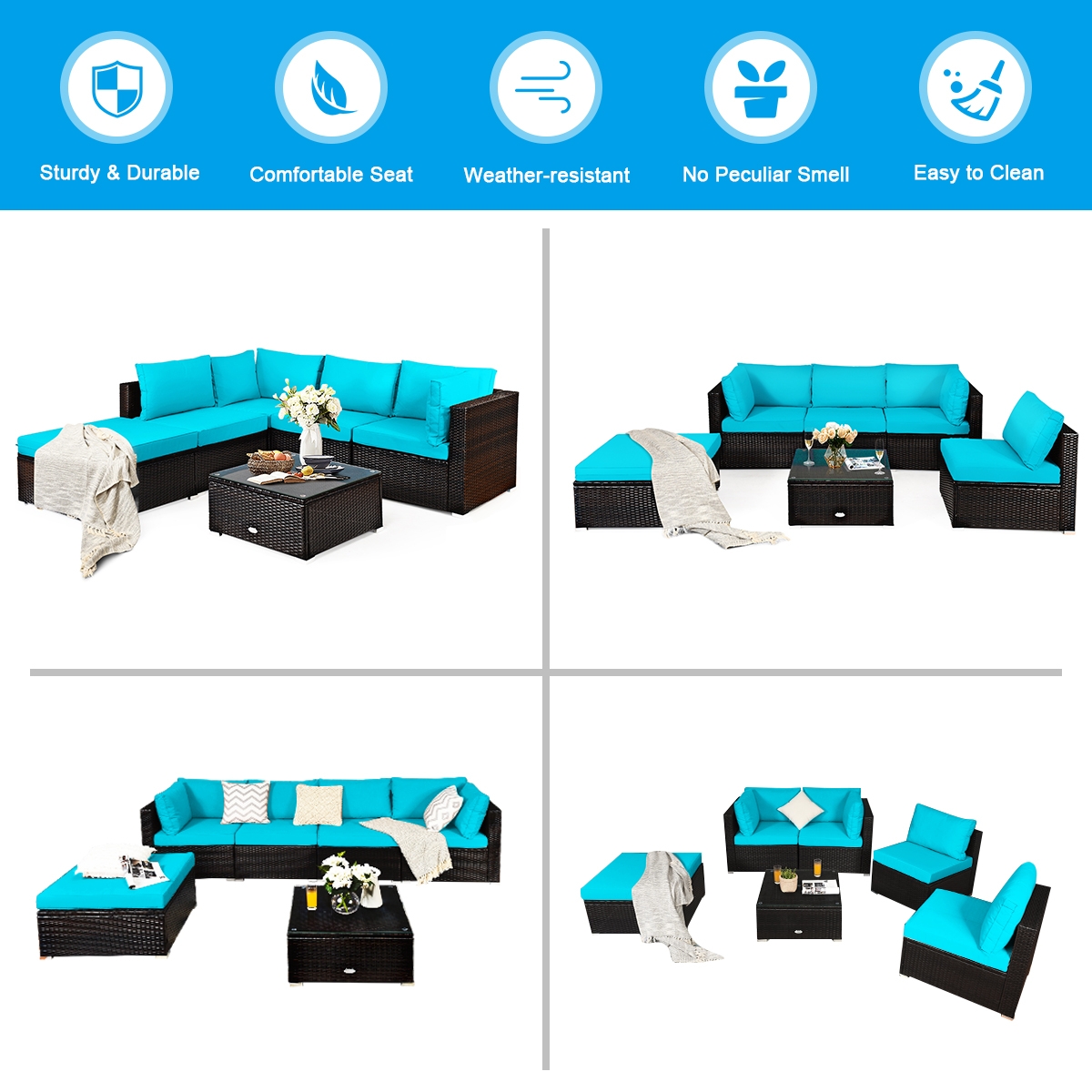 Mondawe 6 Pieces Outdoor Patio Rattan Furniture Set Sofa Ottoman-Turquoise-Mondawe