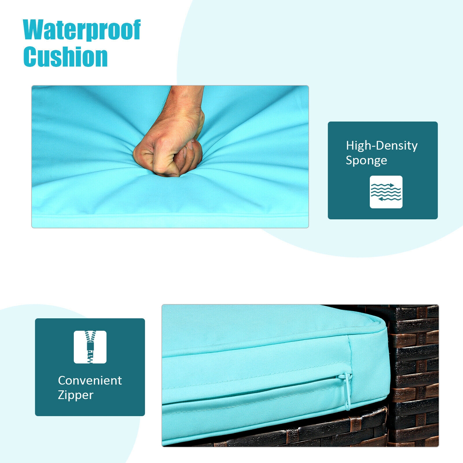 Mondawe 3 Pieces PE Rattan Wicker Furniture Set with Cushion Sofa Coffee Table for Garden-Turquoise-Mondawe