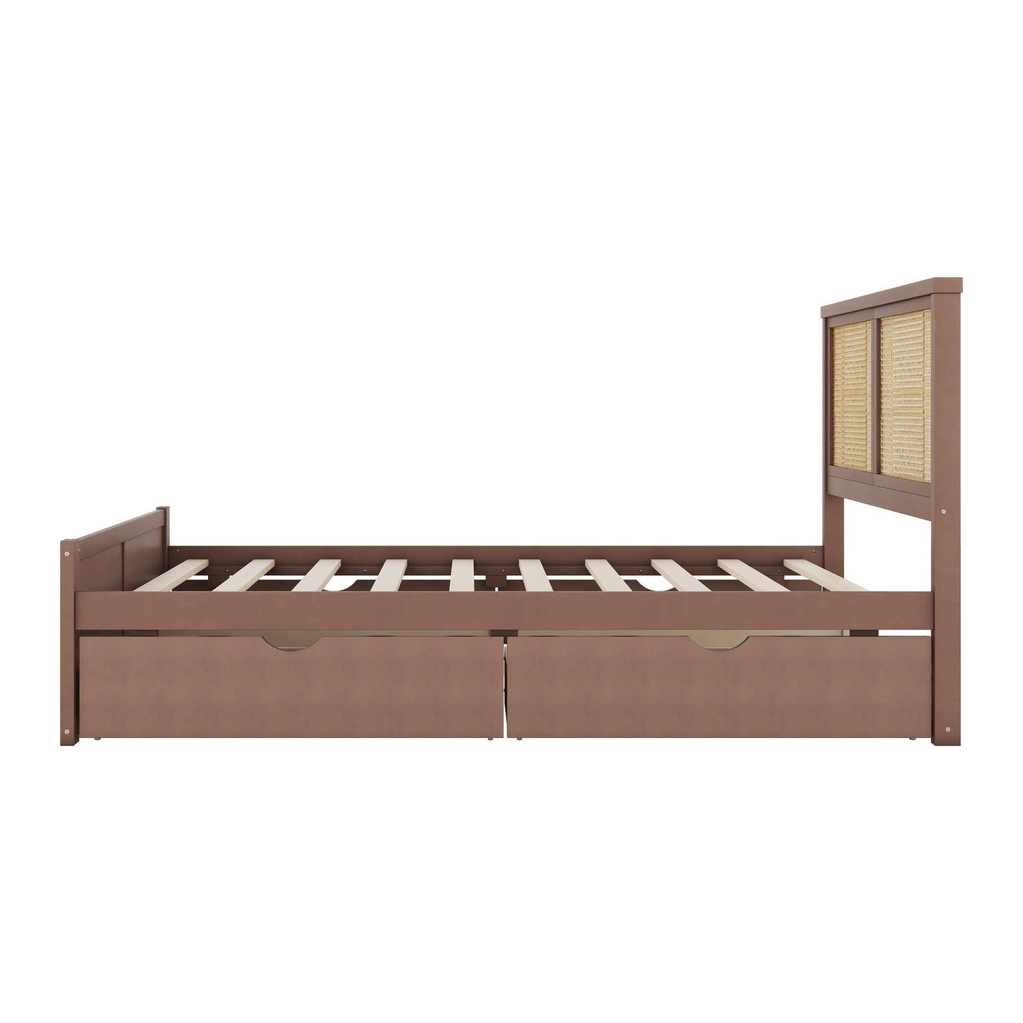 Queen/Full Size Wood Storage Platform Bed with 4 Drawers, Rattan Headboard, Espresso/Nature 