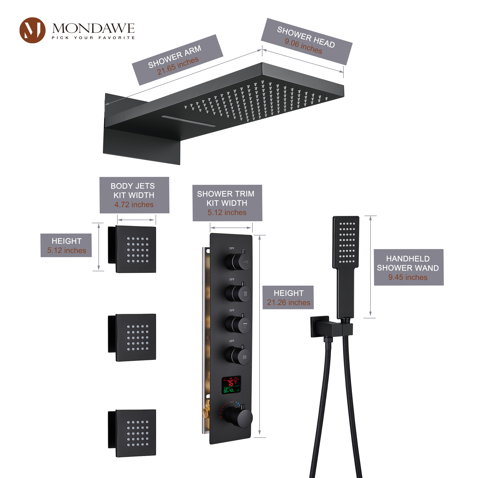 Mondawe Luxury Rain Dual Shower Heads Wall Mounted 22 in. with Digital Temperature Display 4 Spray Patterns Thermostatic and 3 Body Jets-Mondawe