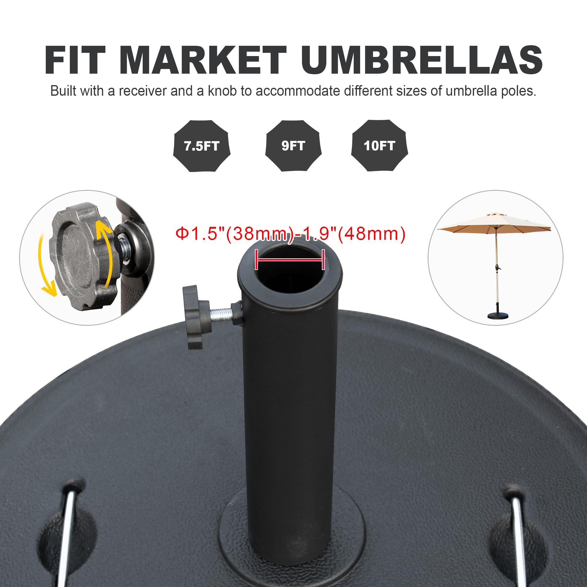 Patio Umbrella Base, Umbrella Stand Base with Adjustable Knob and 2 Durable Handles, Patio Table Umbrella Base for Outdoor 1.5''~1.9'' Market Umbrella Heavy Duty Umbrella Holder, Black