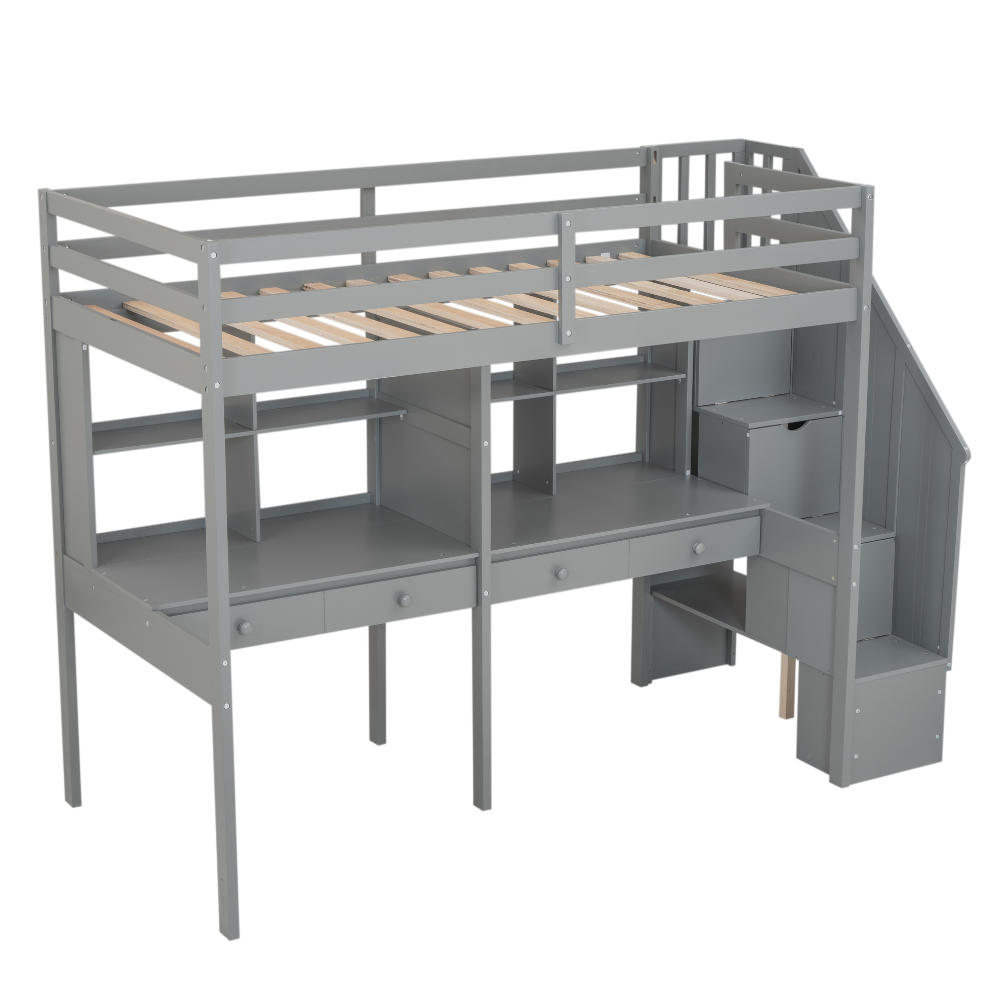 Twin Size Loft Bed Frame with Storage Staircase and Double Desks and Shelves,Gray/White