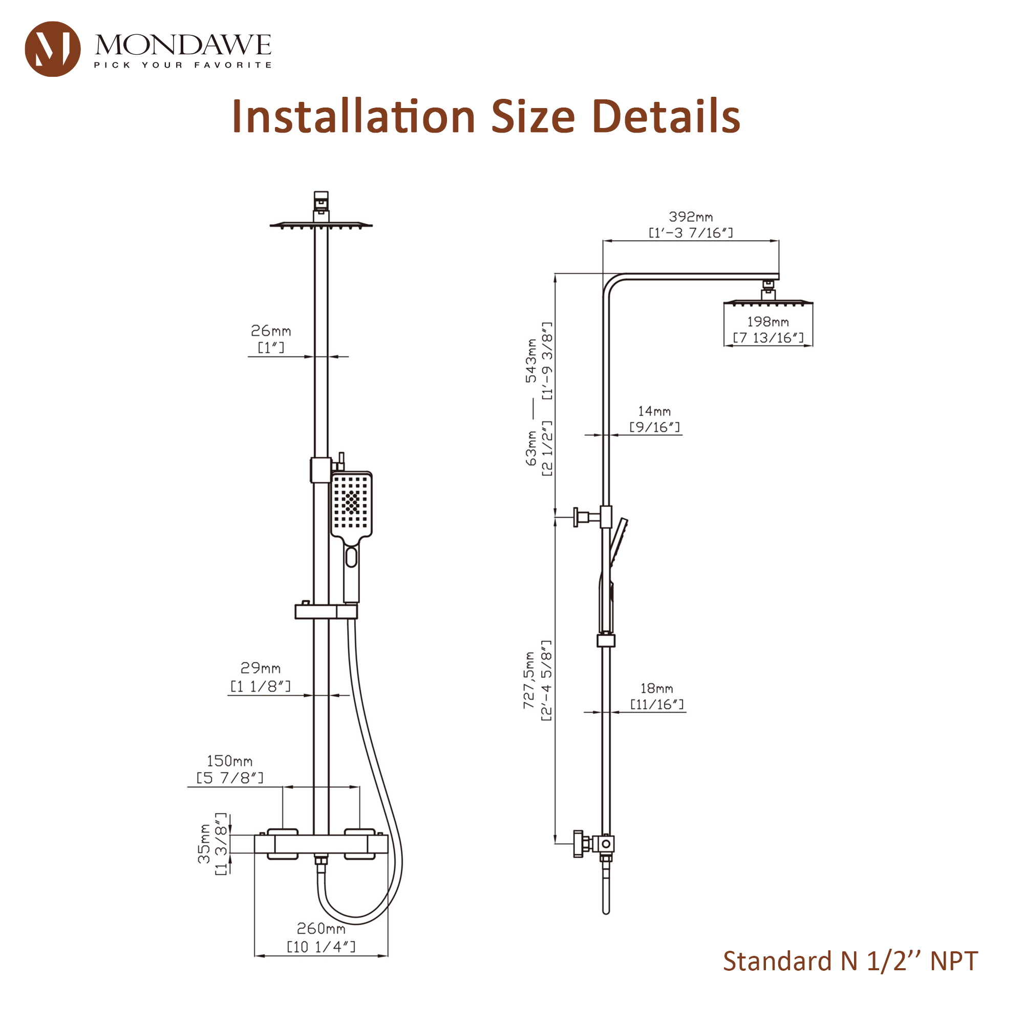 Mondawe Stainless Steel Thermostatic Shower Bar System in Black/Chrome(Square)-Mondawe