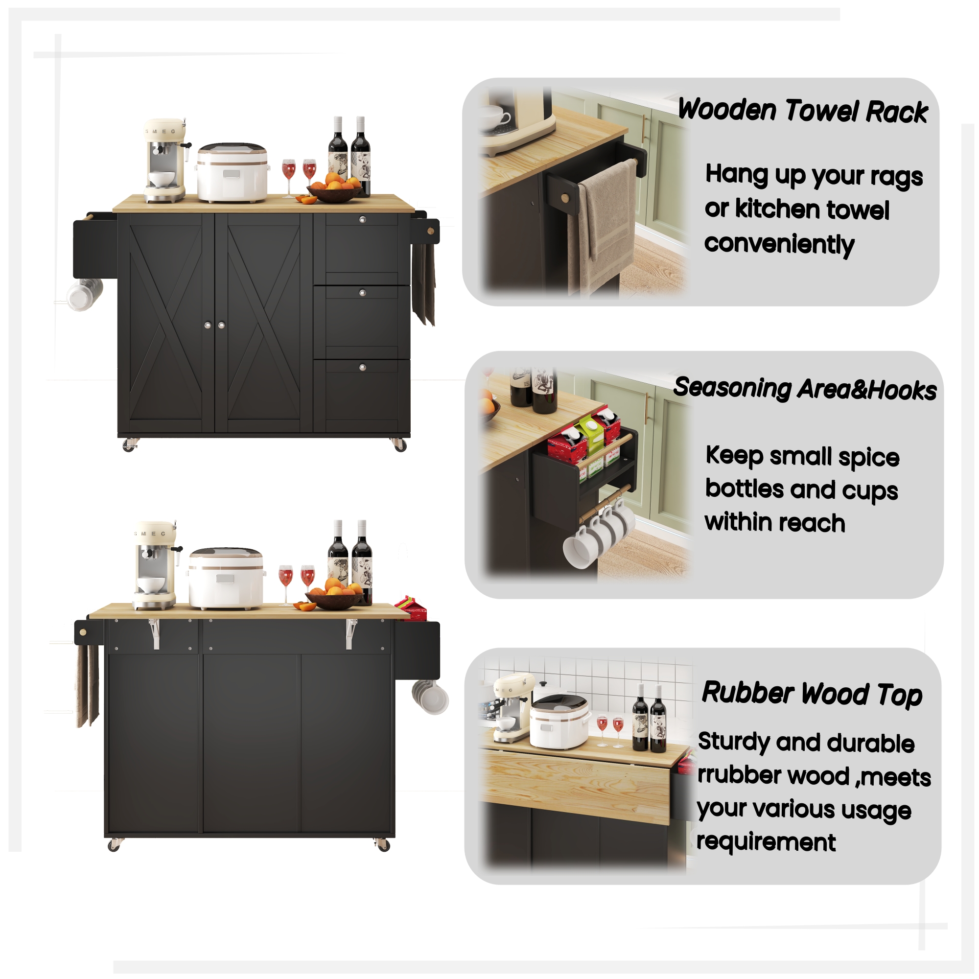 45.4" Farmhouse Black Rolling Kitchen Cart on Wheels with Storage Cabinet, Mobile Kitchen Island cart with Drop Leaf Top, Spice Rack, Towel Bar, Adjustable Shelf, Drawers and Hooks 