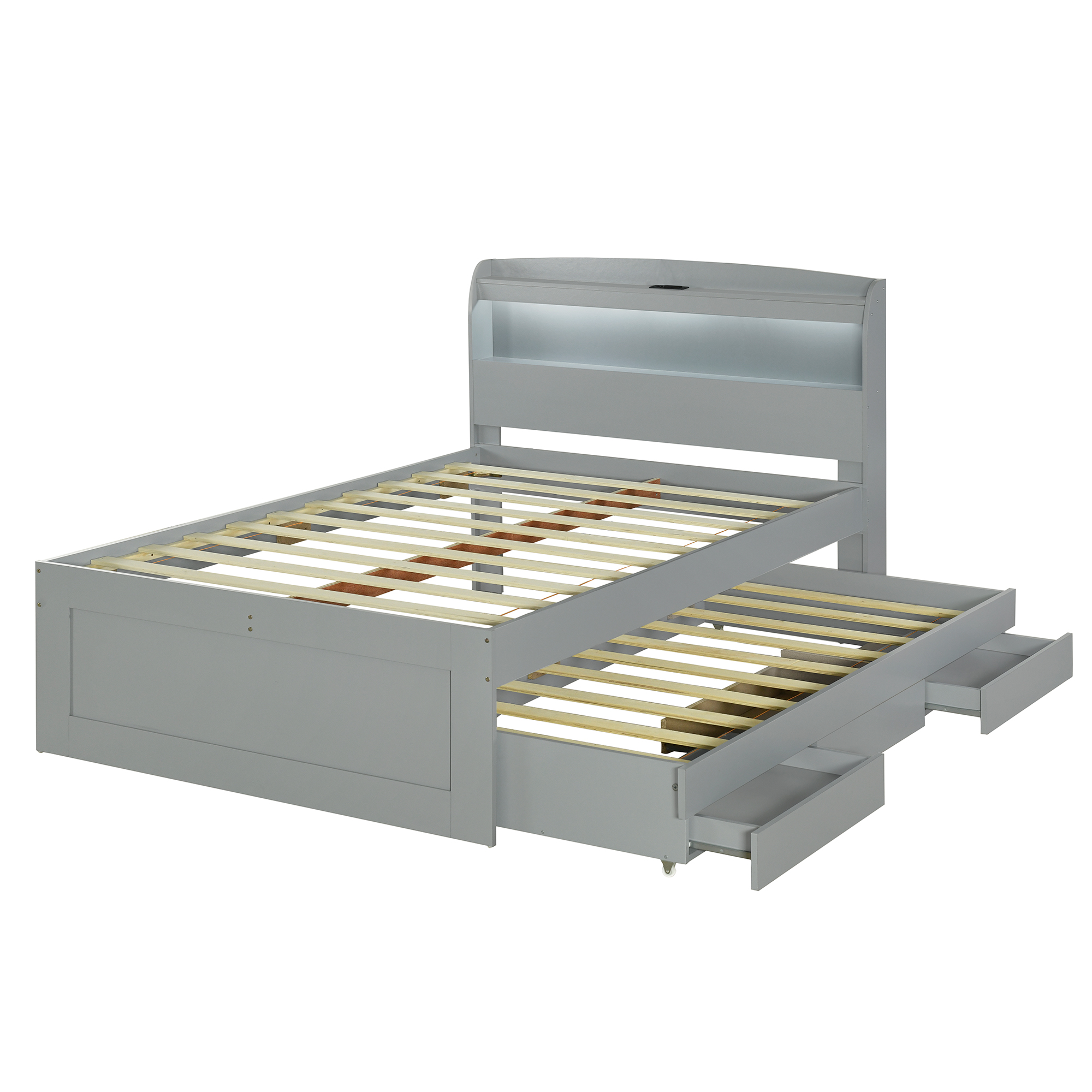 Full XL Size Platform Bed with Storage LED Headboard, Charging Station, Twin Size Trundle and 2 Drawers, Gray/Dark Brown