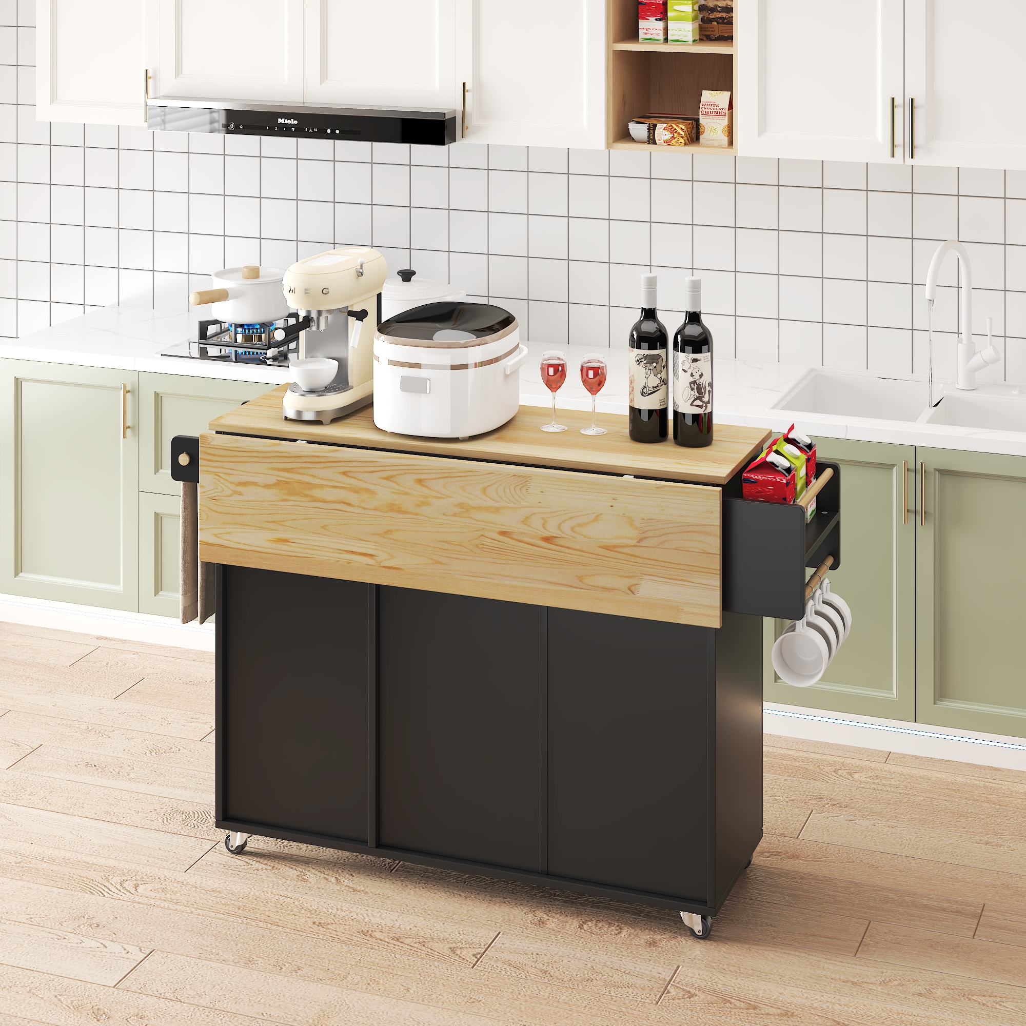 45.4" Farmhouse Black Rolling Kitchen Cart on Wheels with Storage Cabinet, Mobile Kitchen Island cart with Drop Leaf Top, Spice Rack, Towel Bar, Adjustable Shelf, Drawers and Hooks 