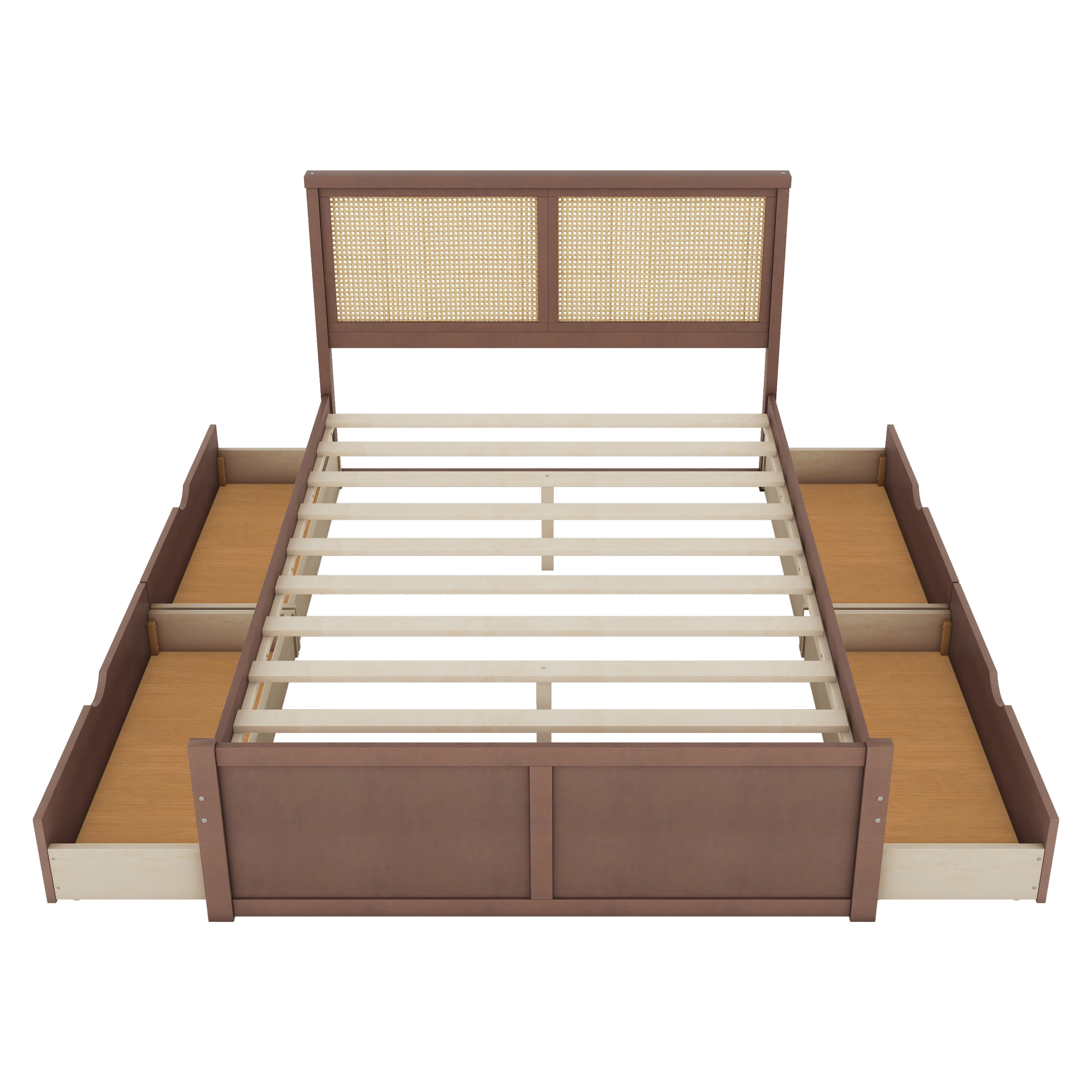 Queen/Full Size Wood Storage Platform Bed with 4 Drawers, Rattan Headboard, Espresso/Nature 